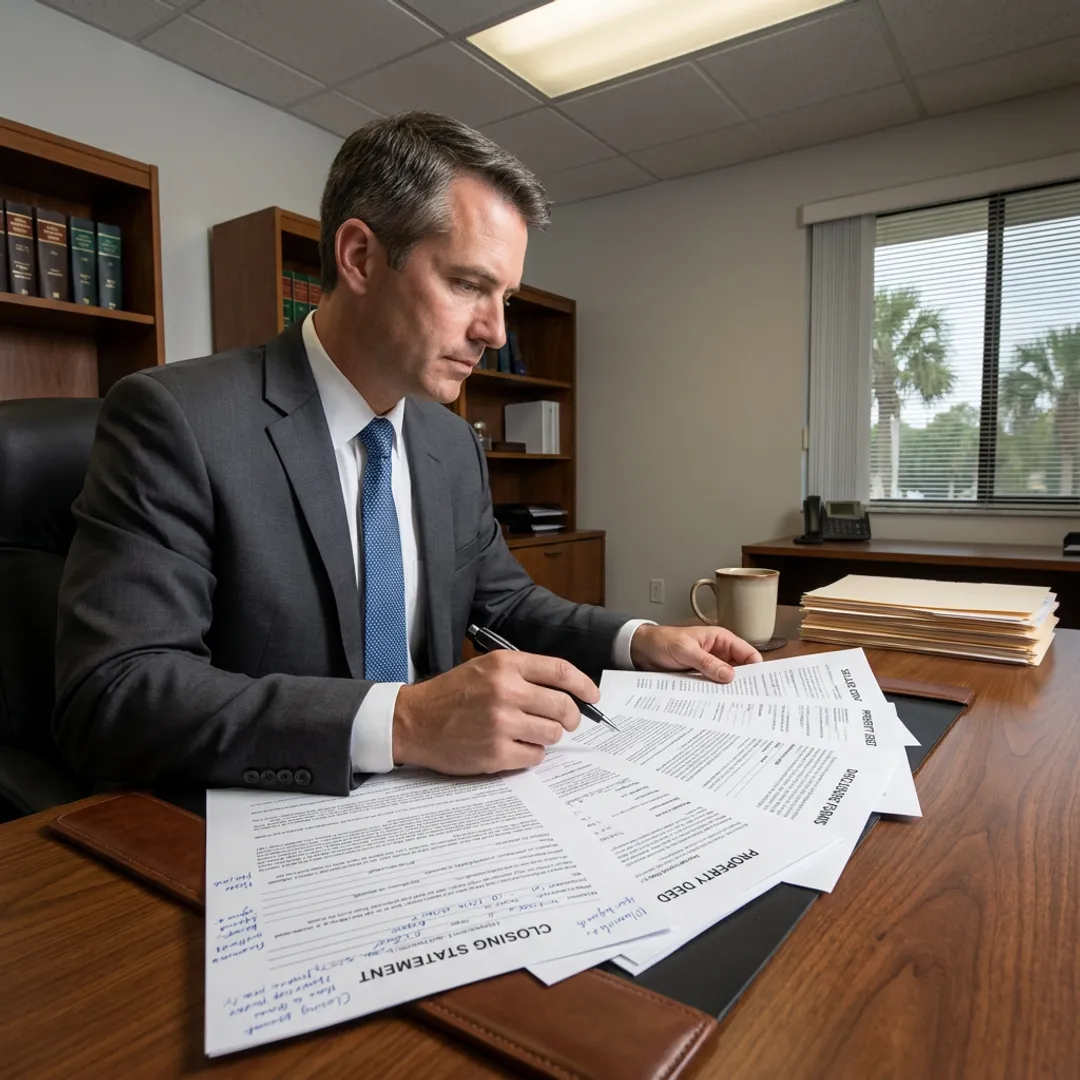 Attorney reviewing real estate sale documents with seller