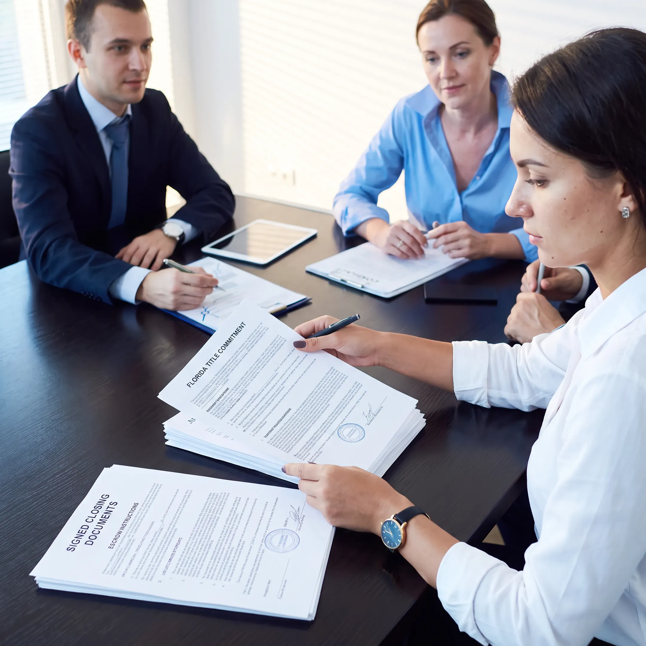 Attorney coordinating title review and escrow documents for a Florida property closing