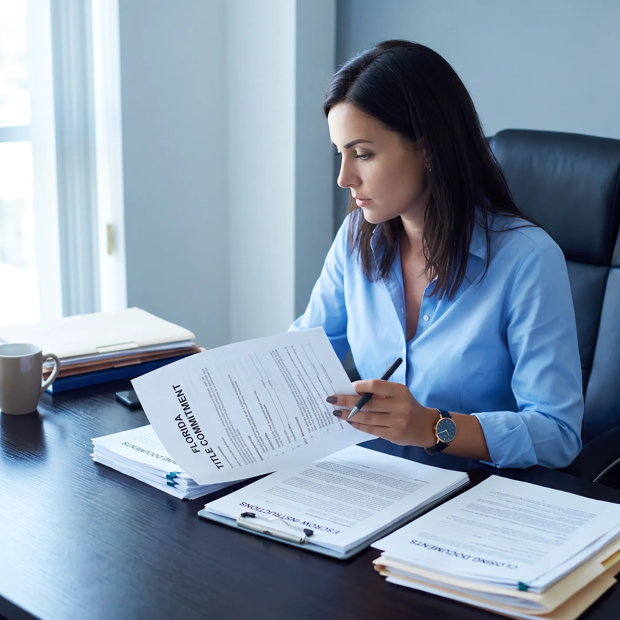 Florida attorney examining title commitment and escrow documents