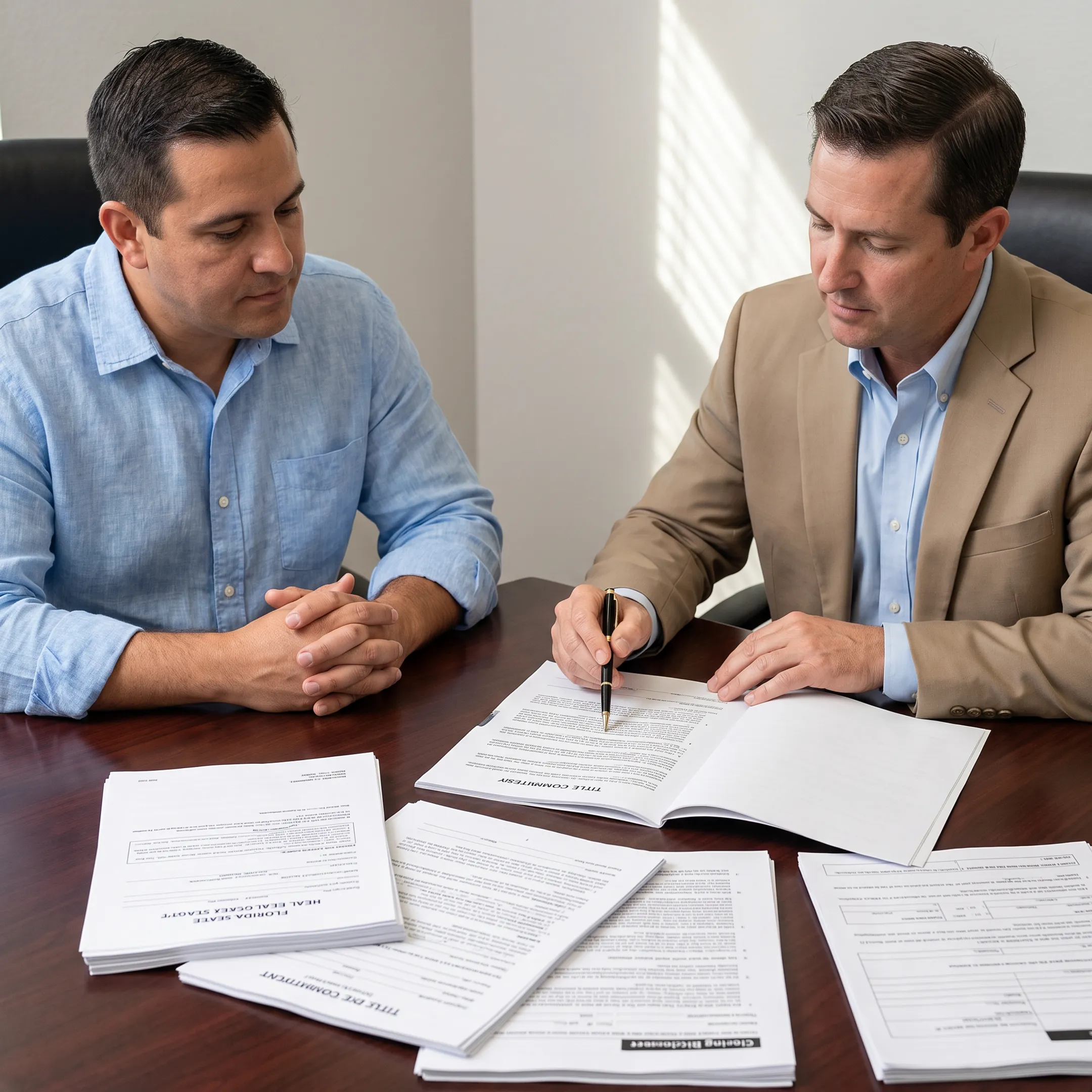 Attorney examining a Florida title commitment with a property client