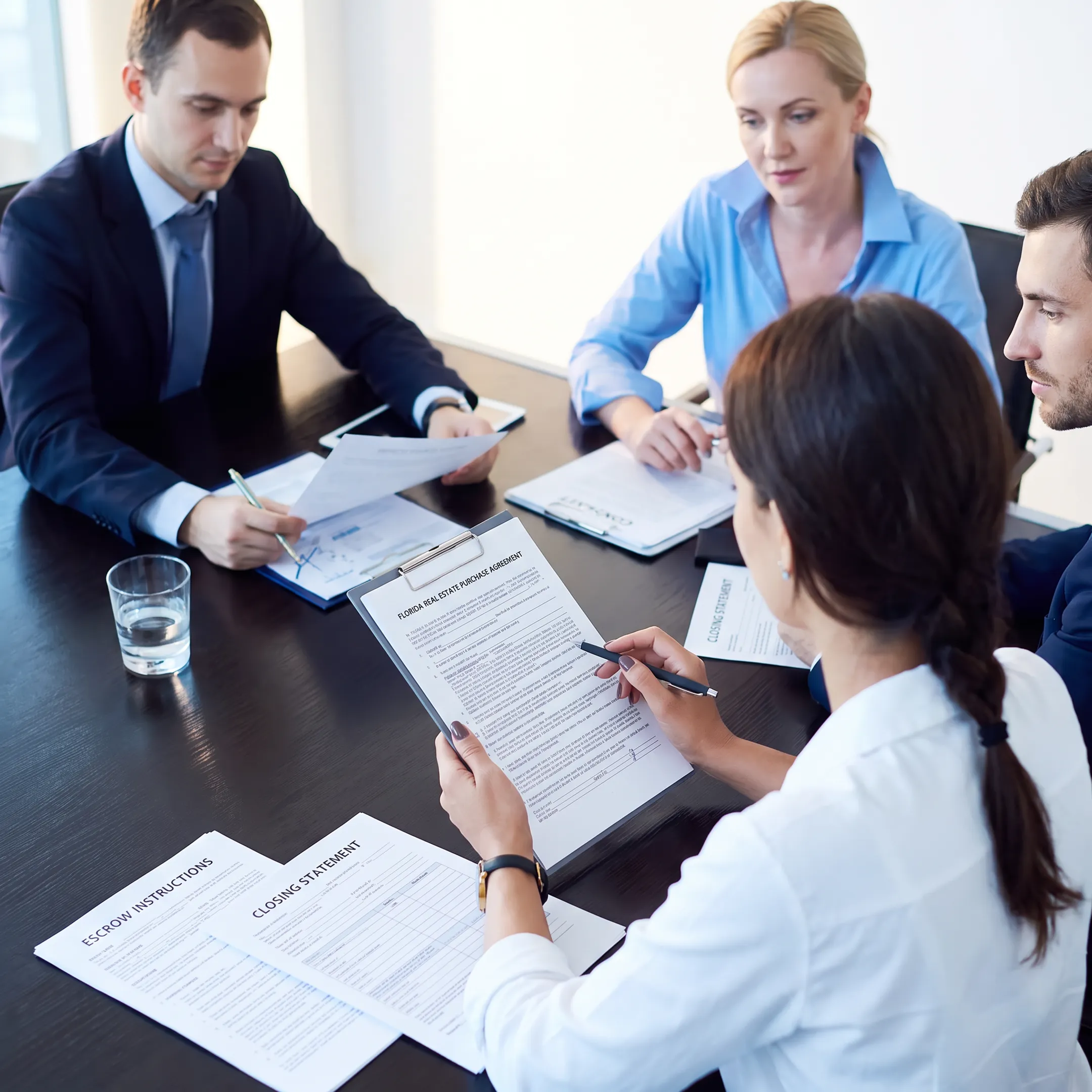 Attorney reviewing Florida real estate closing documents and escrow instructions