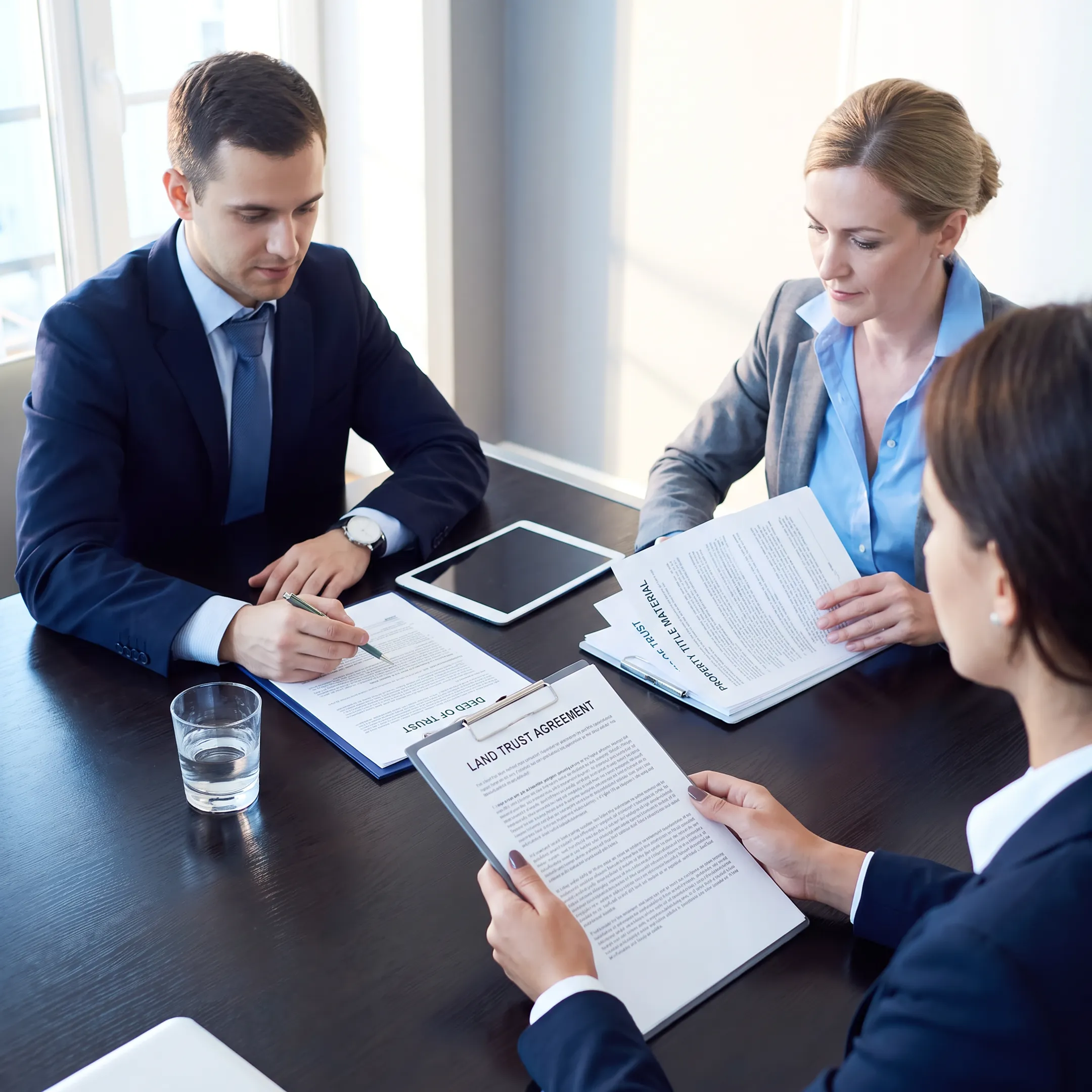 Attorney reviewing Florida land trust and real estate documents with a client