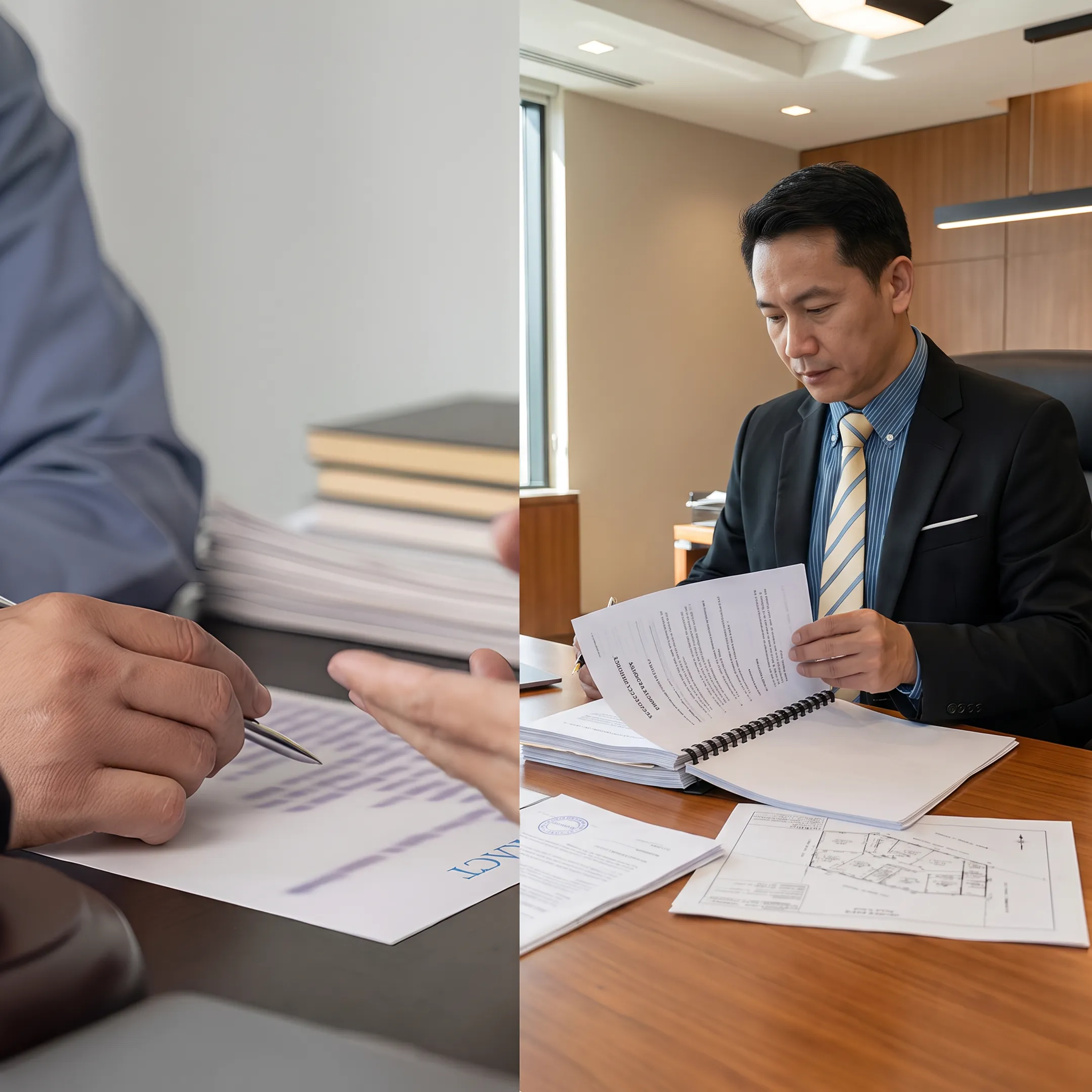 Attorney reviewing Florida property title documents at a closing table