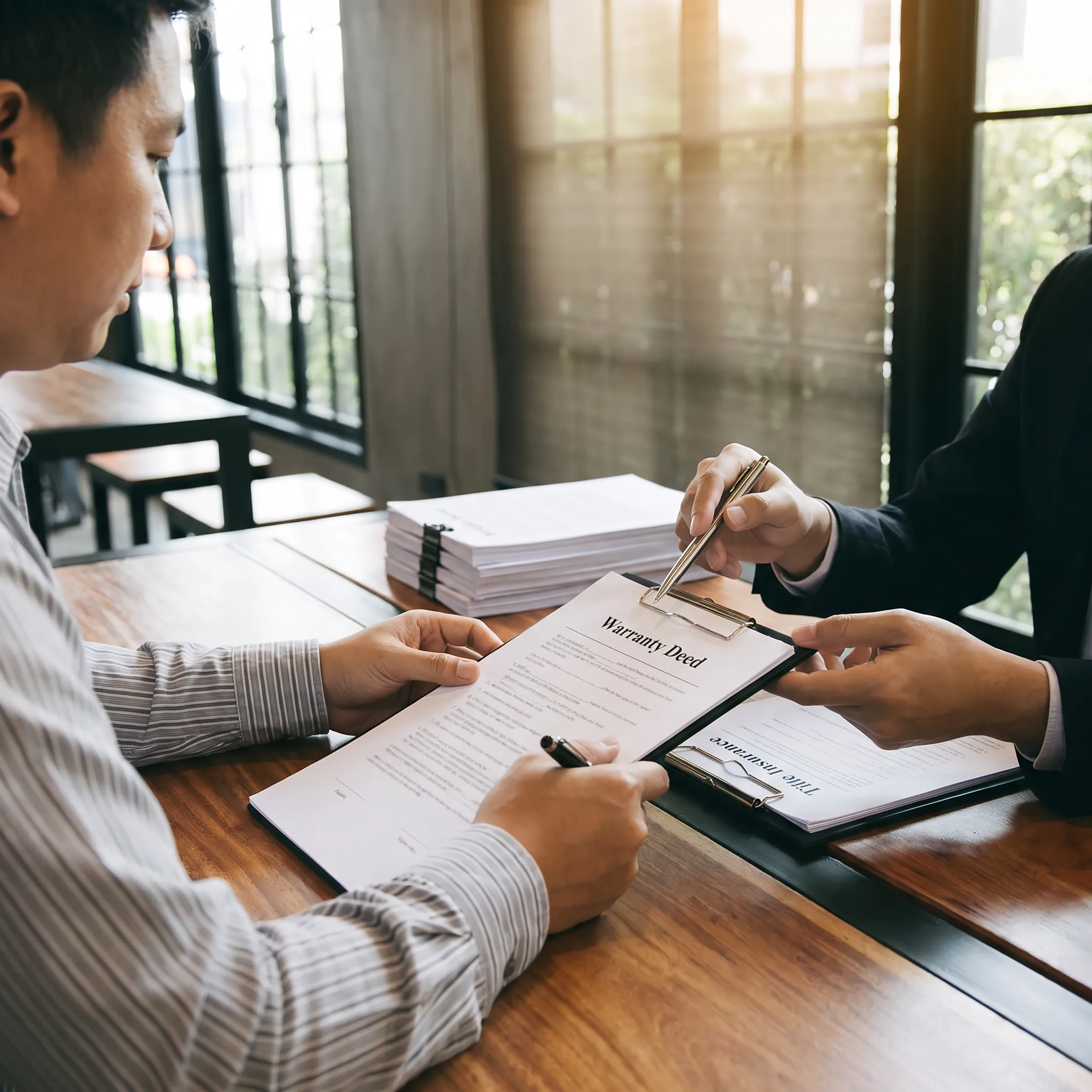 Attorney explaining warranty deed documents to Florida property clients