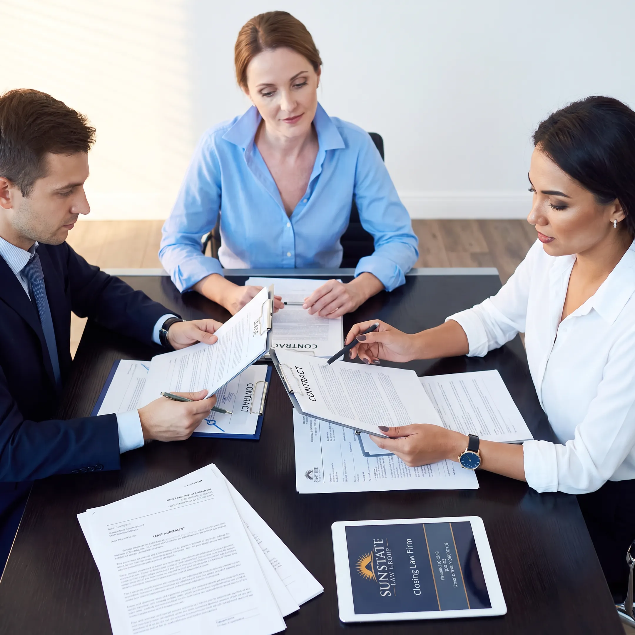 Attorney reviewing commercial property documents with business clients