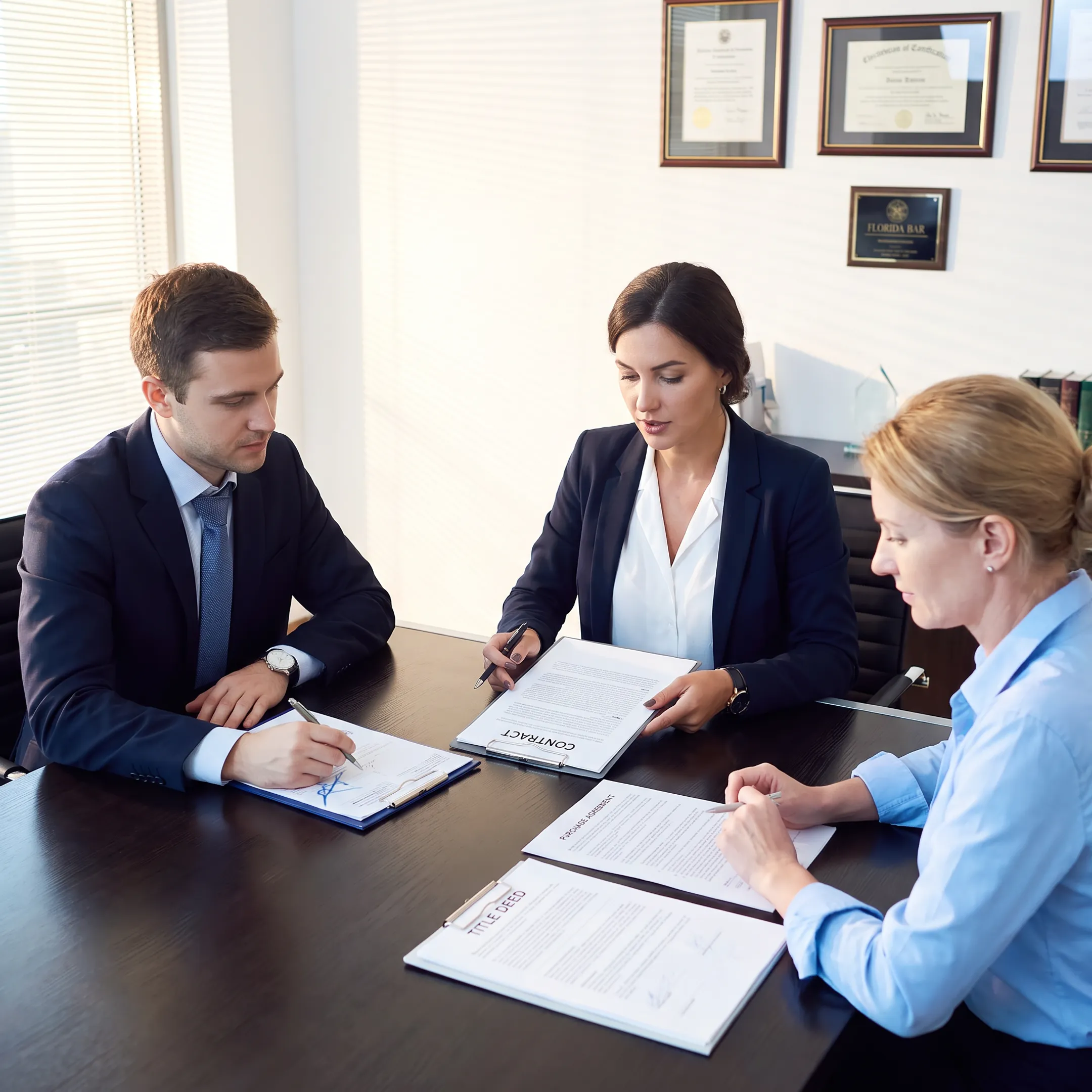 Attorney reviewing Florida real estate escrow documents with clients