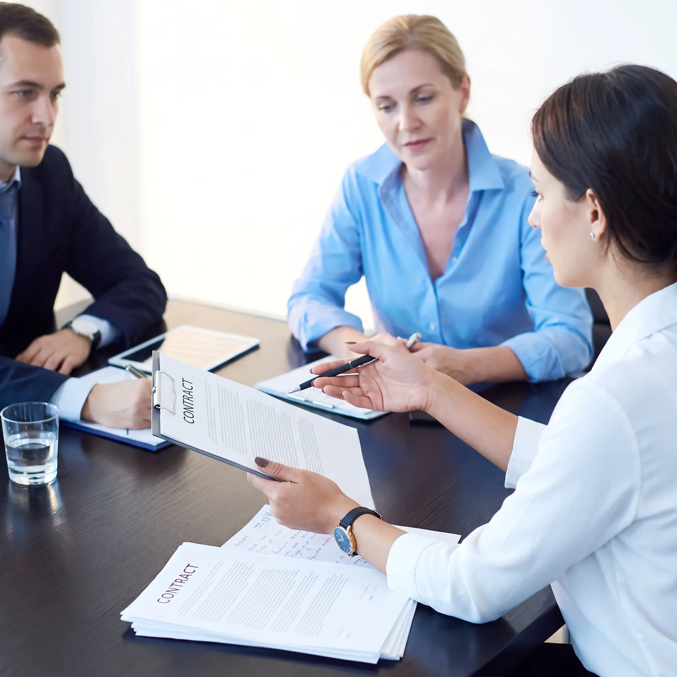 Business attorney explaining contract terms to a client