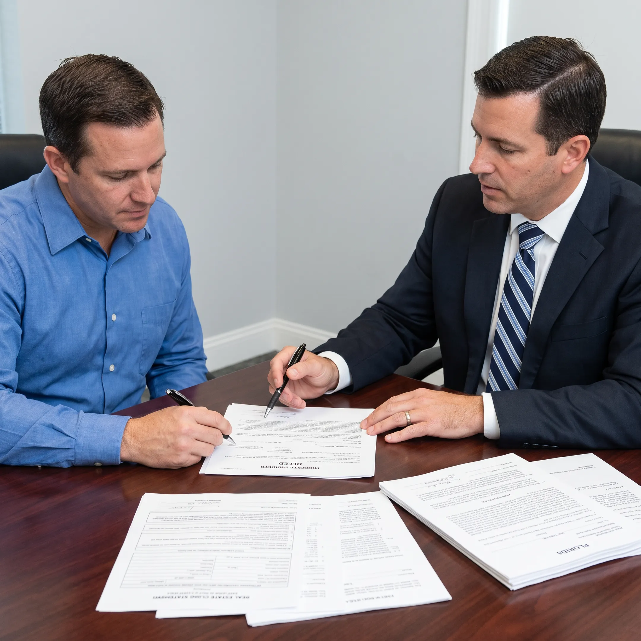 Attorney reviewing a Florida property deed with a client