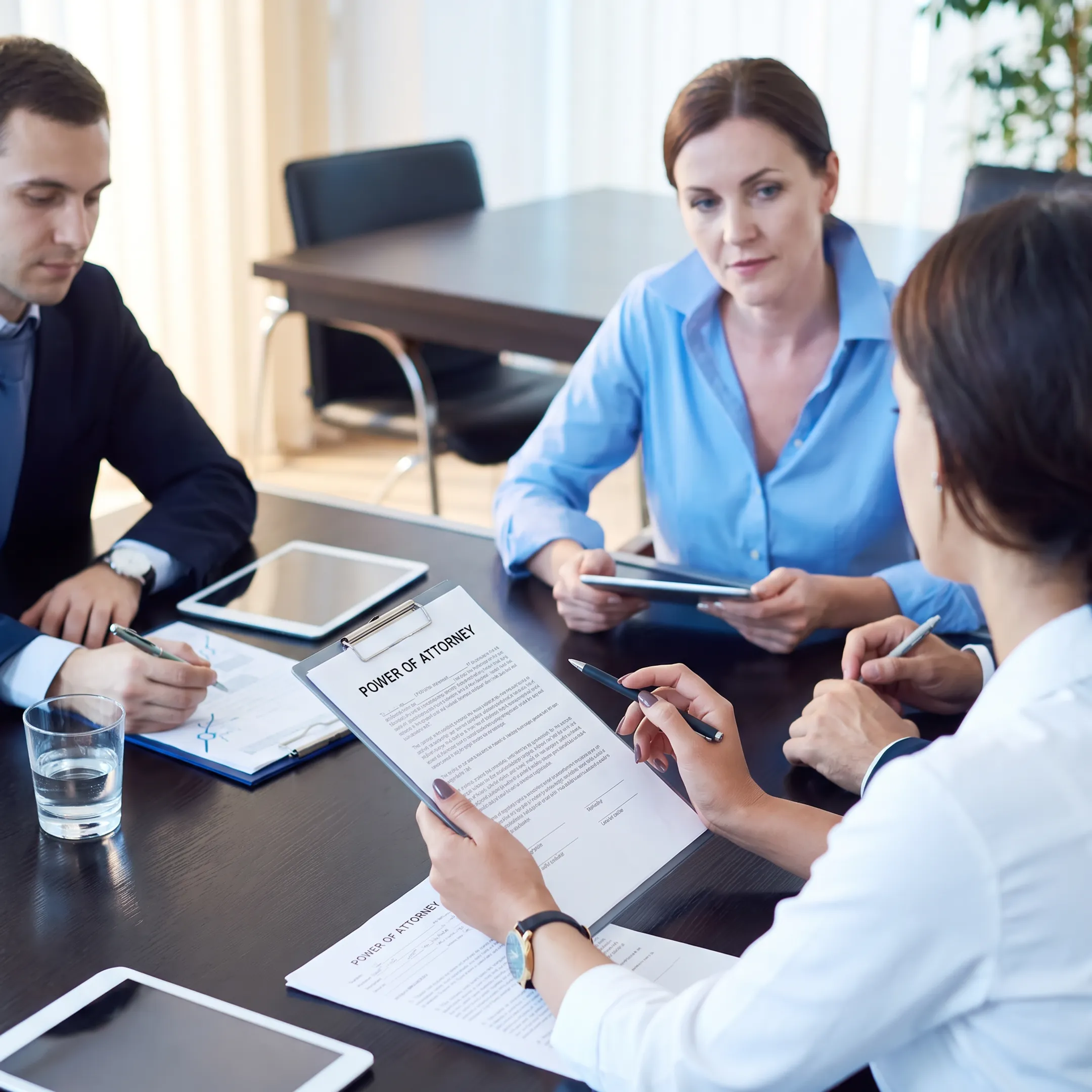 Attorney reviewing commercial power of attorney documents with business clients
