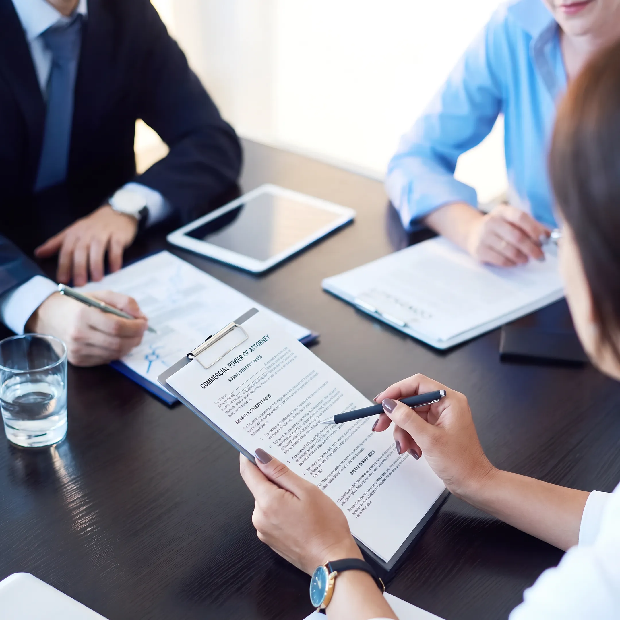 Attorney explaining commercial power of attorney paperwork to a business client
