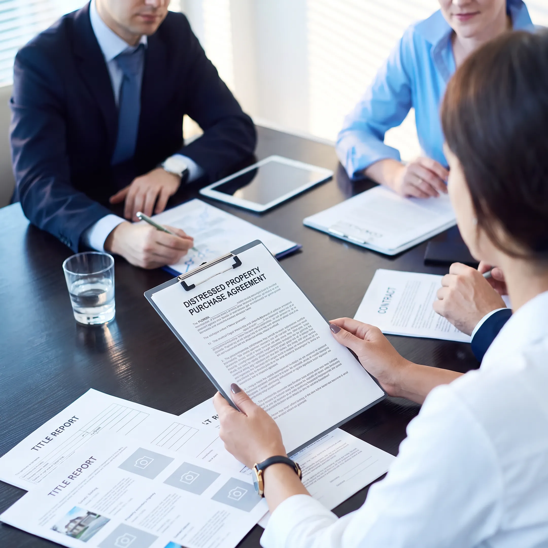 Attorney reviewing Florida distressed property documents with a real estate buyer