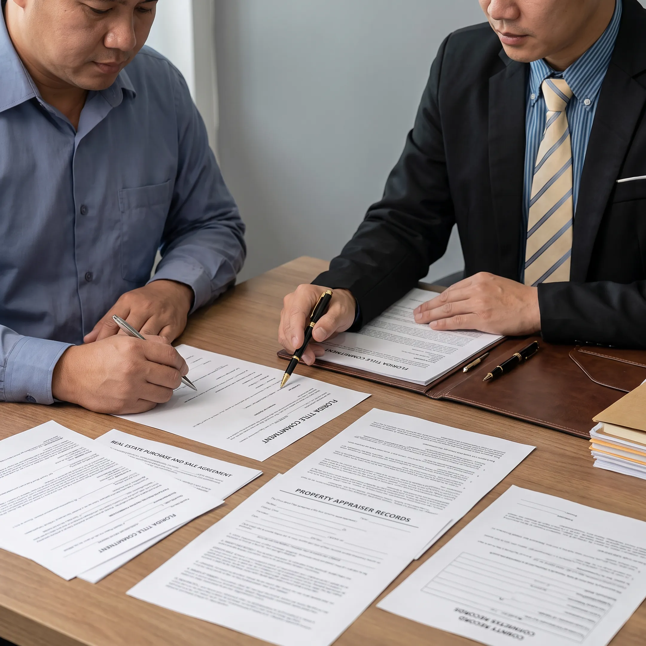 Florida real estate attorney examining title documents for a property buyer