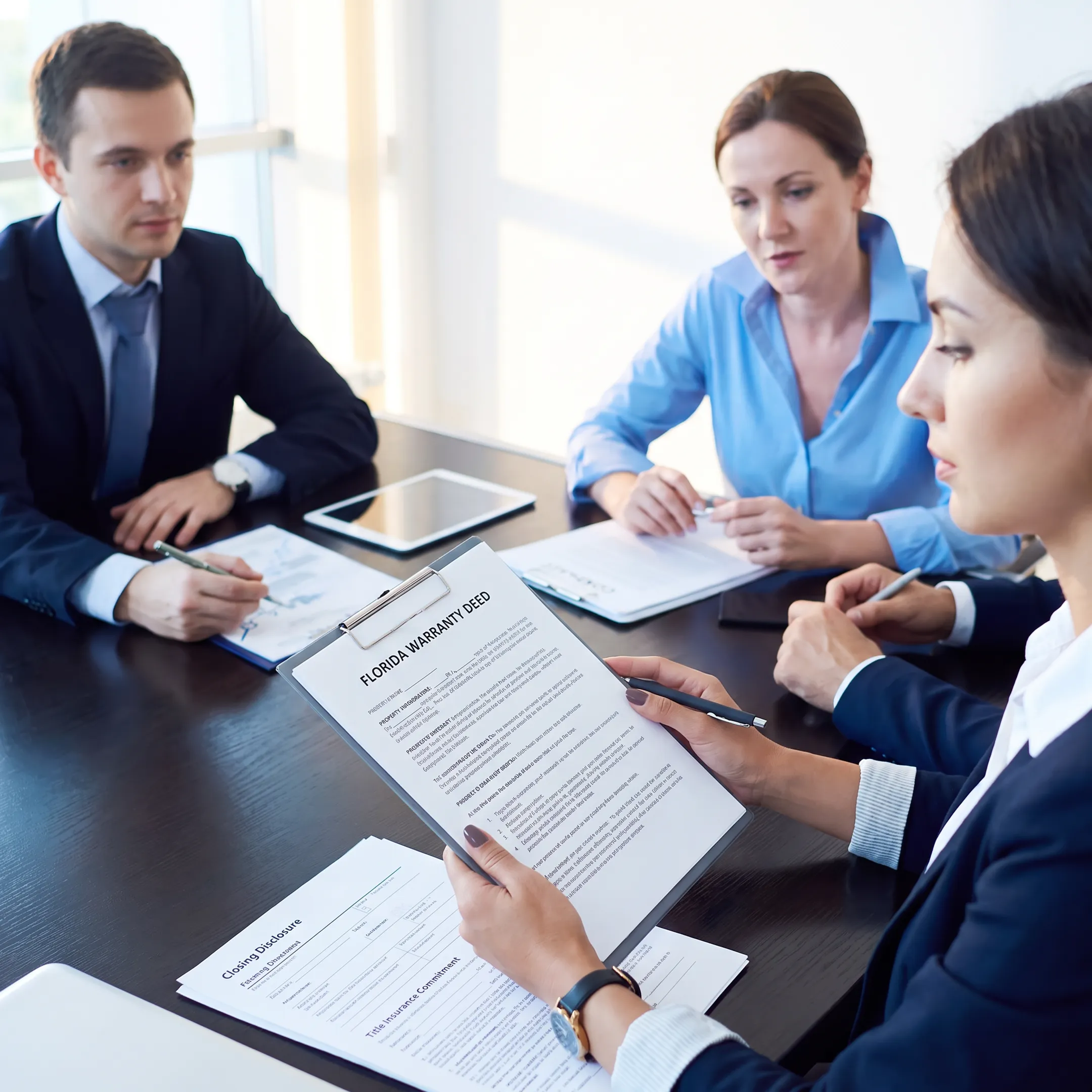 Attorney reviewing Florida property deed and title documents with clients