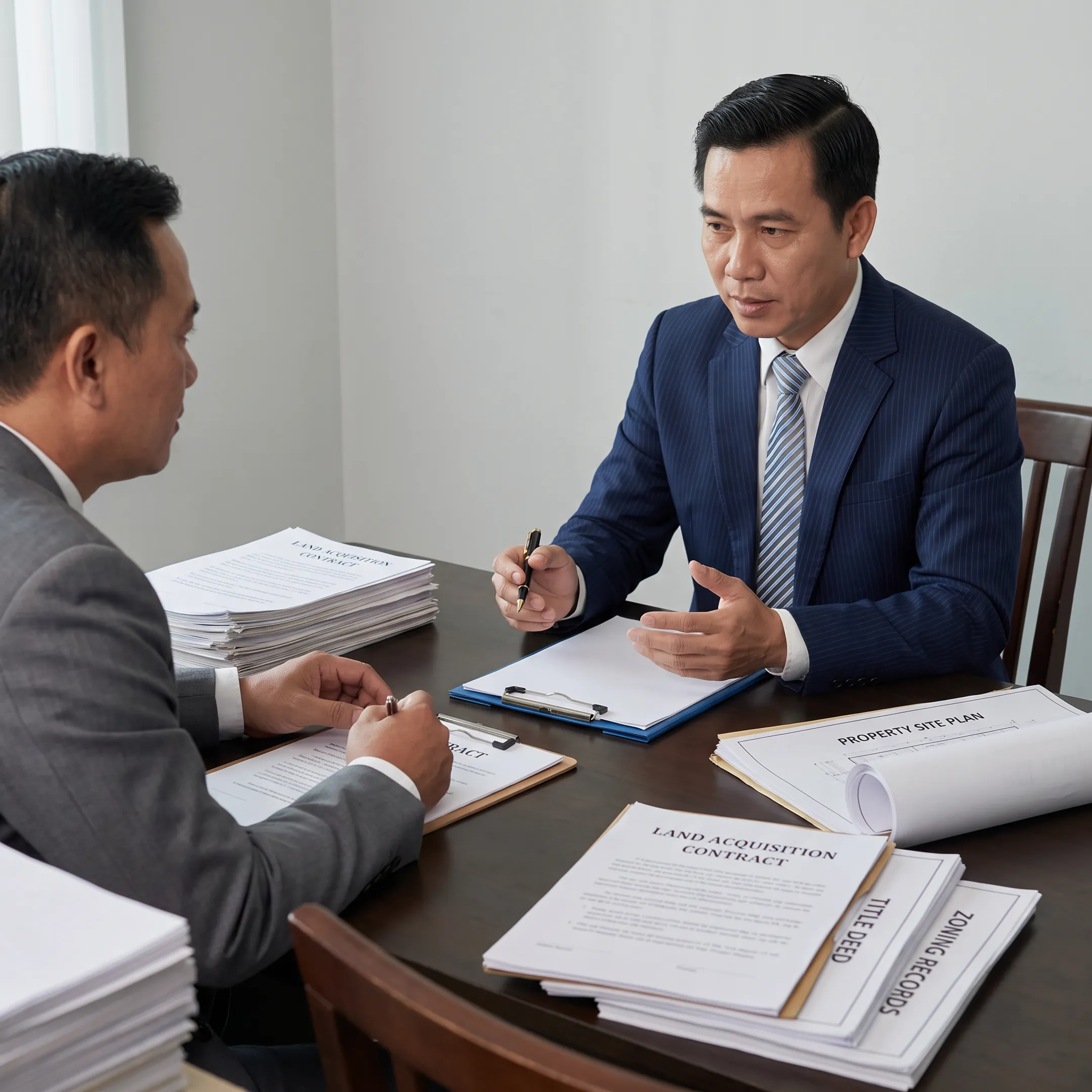 Attorney reviewing Florida land acquisition documents with a real estate investor