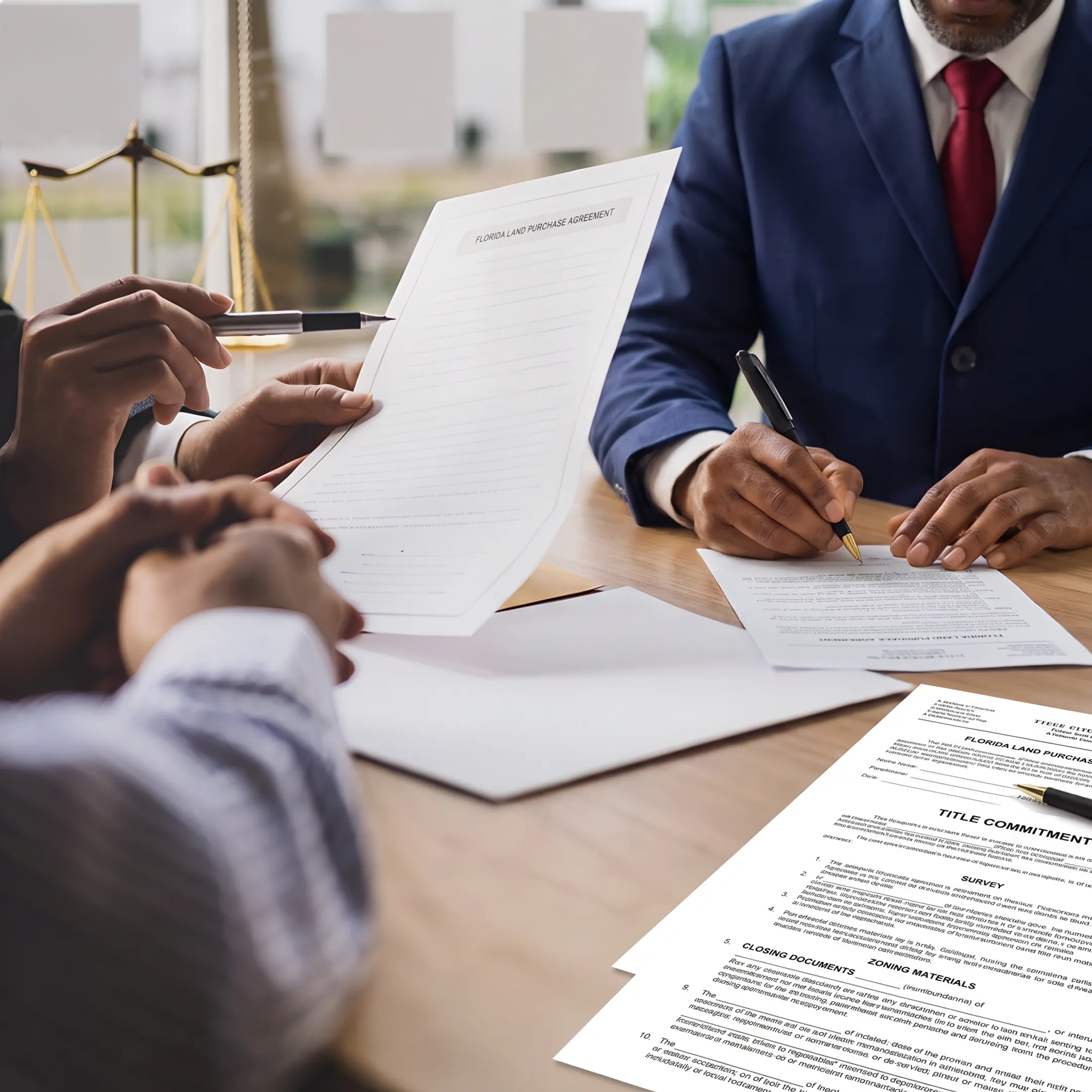 Real estate attorney examining Florida land purchase documents