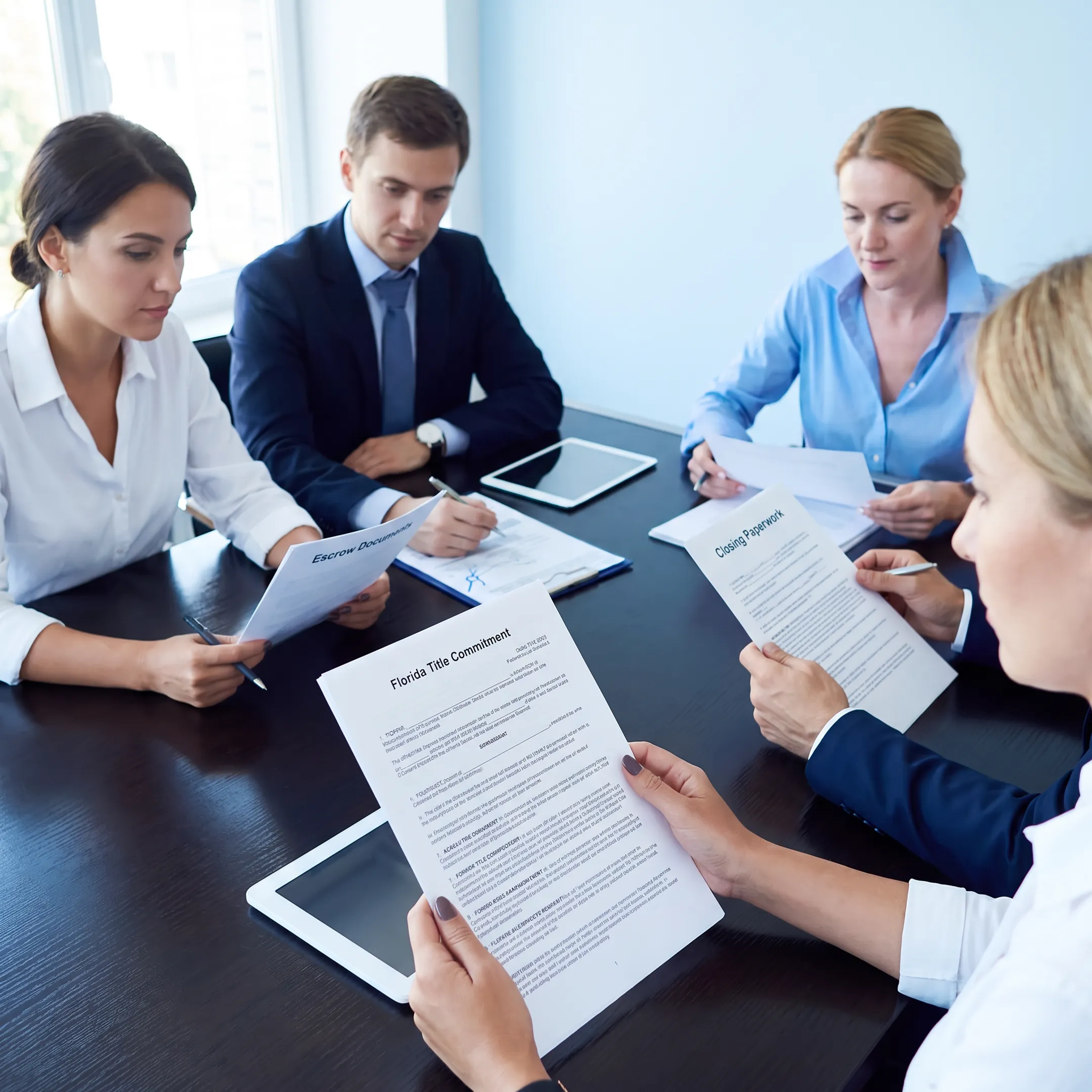 Florida attorney examining title commitment and escrow documents