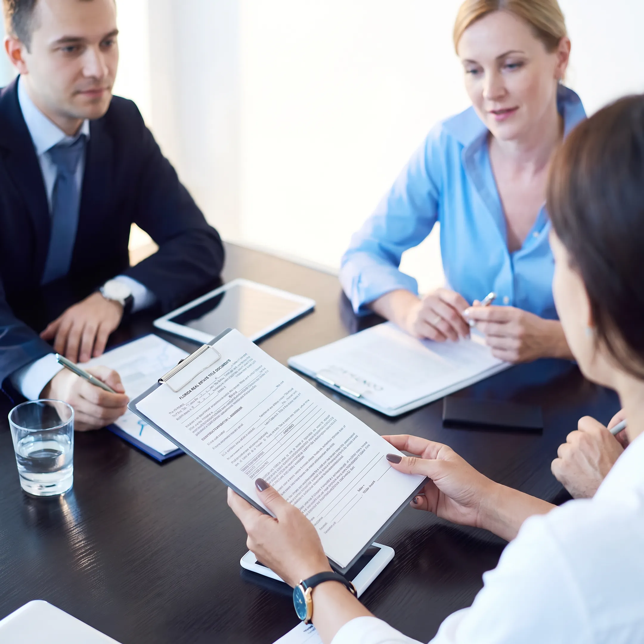 Attorney reviewing Florida real estate title documents at a closing table