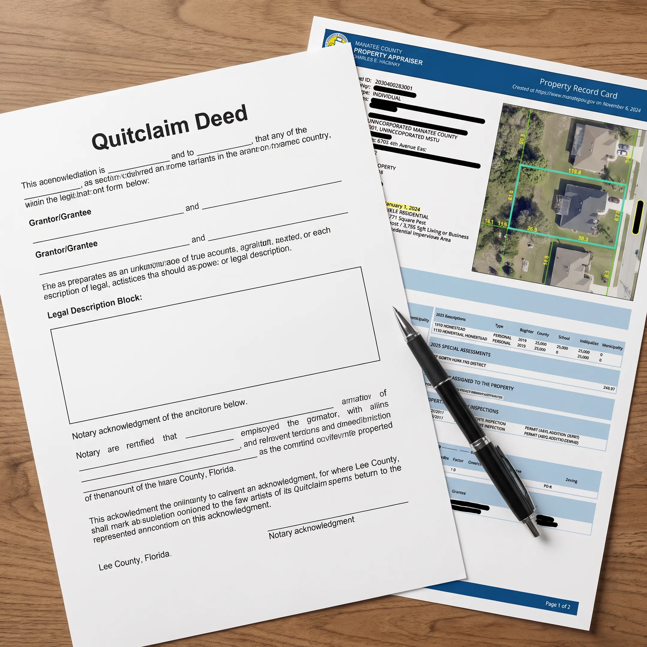 Quitclaim deed documents beside a pen and property records