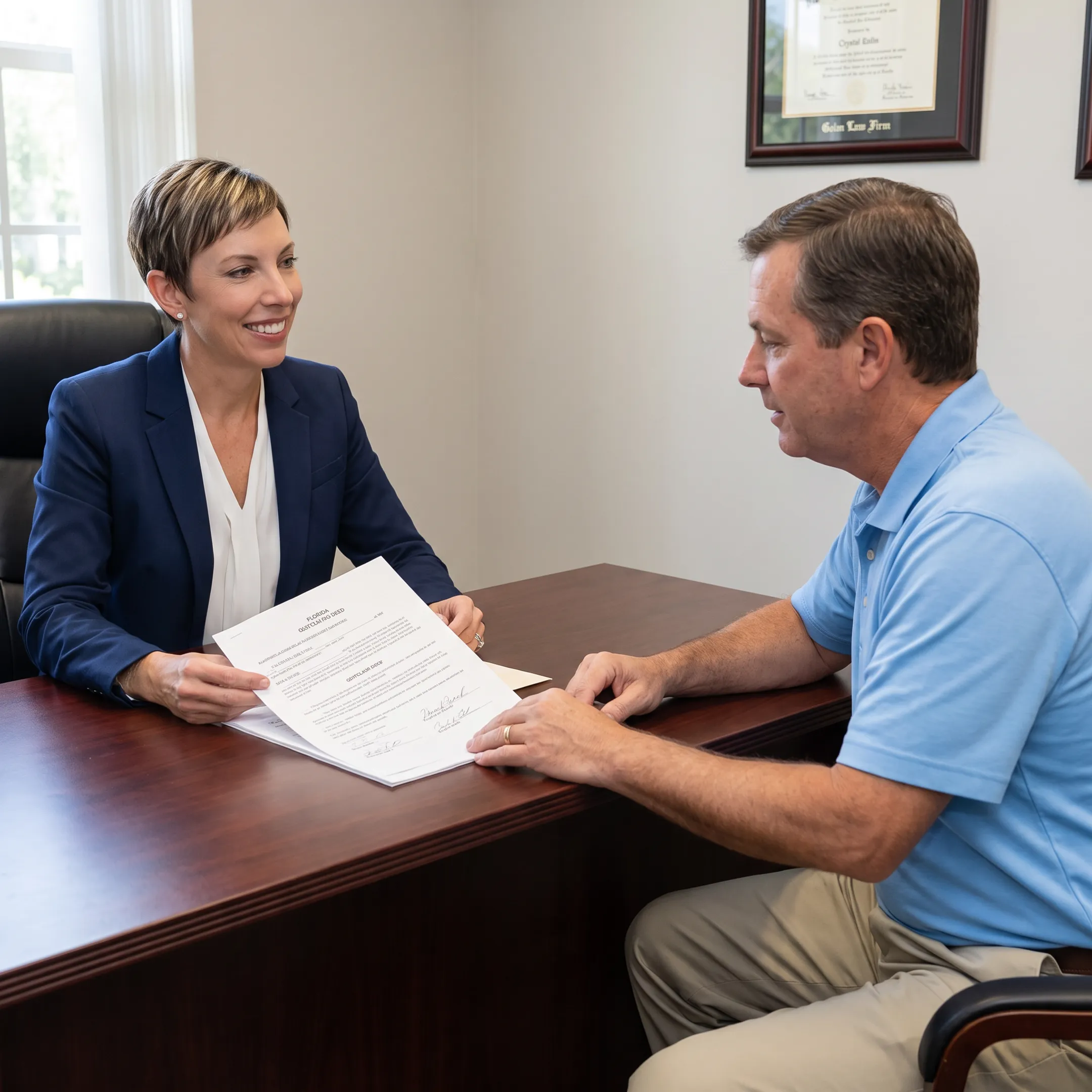 Attorney reviewing a quitclaim deed with a Florida property owner
