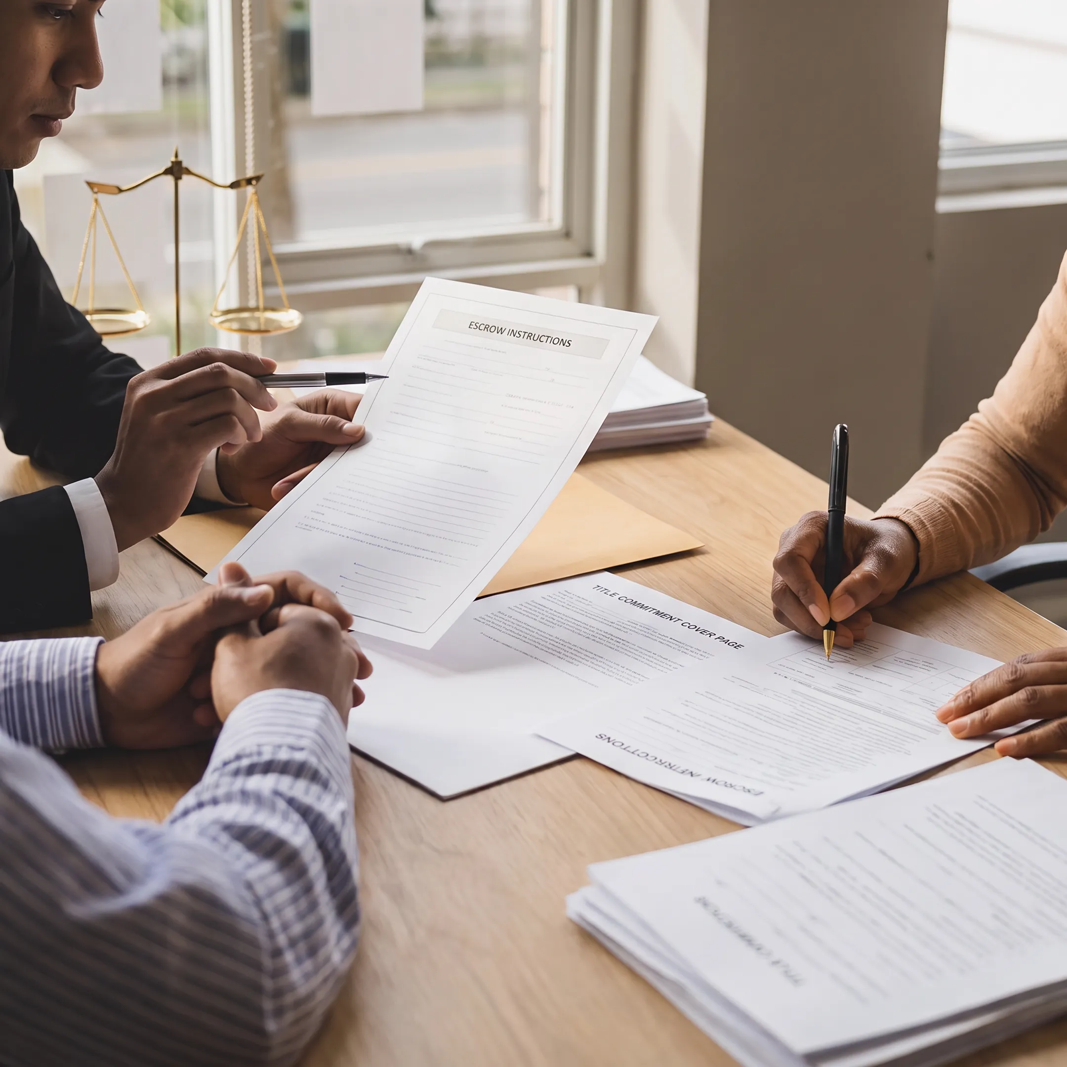 Attorney organizing escrow funds and title documents