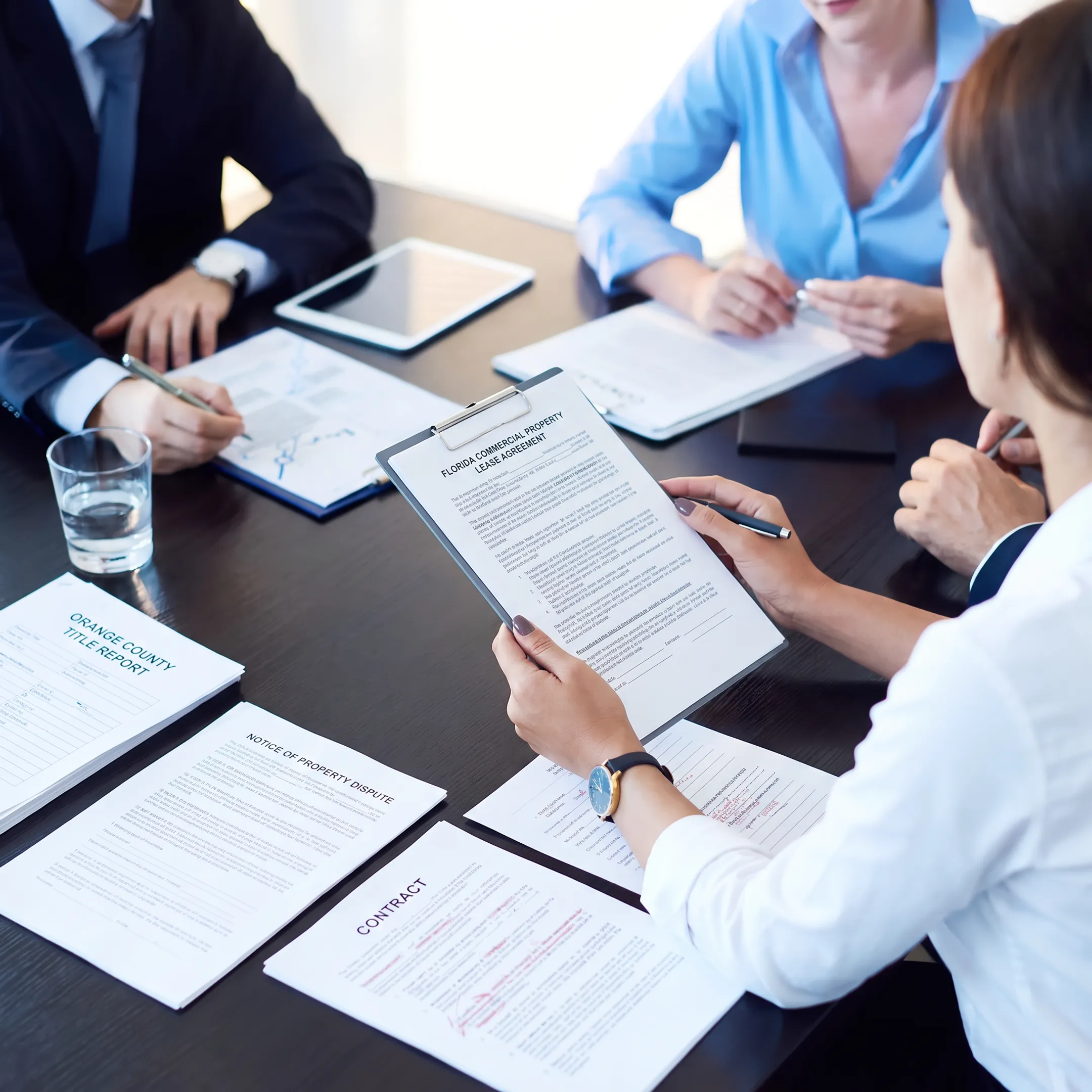 Attorney reviewing commercial real estate dispute documents with a client