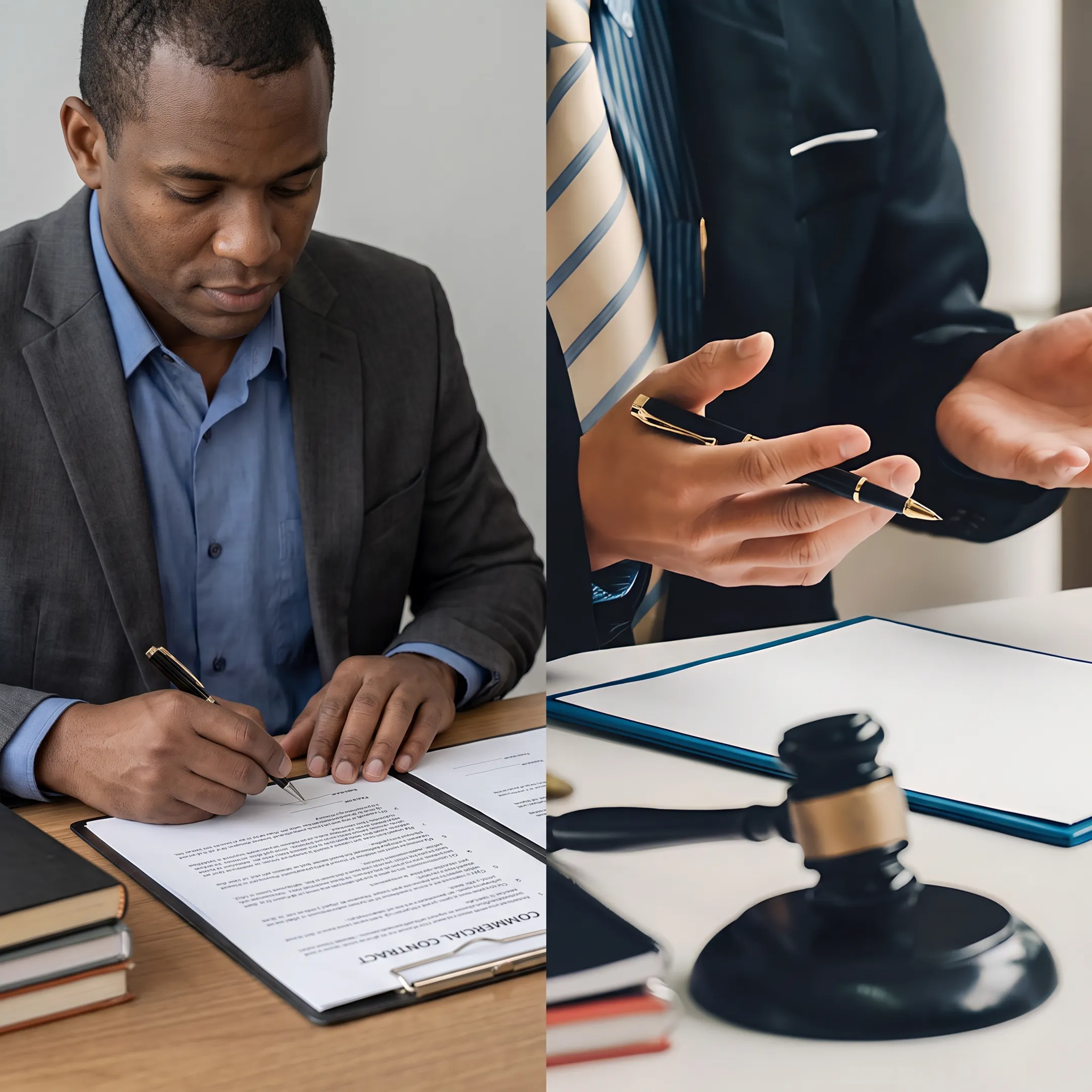 Attorney reviewing commercial contract documents with business client