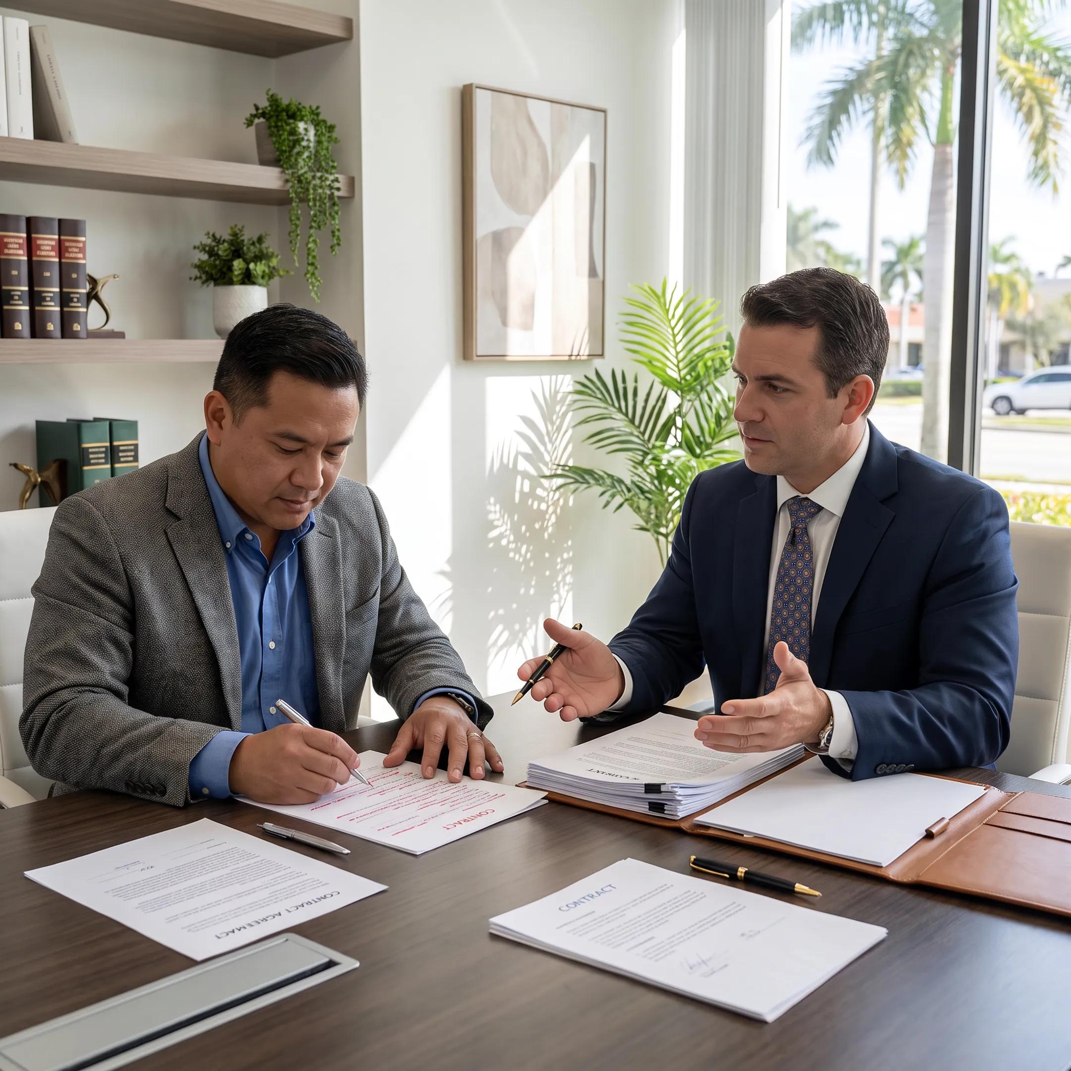 Commercial litigation attorney discussing contract strategy with business owner