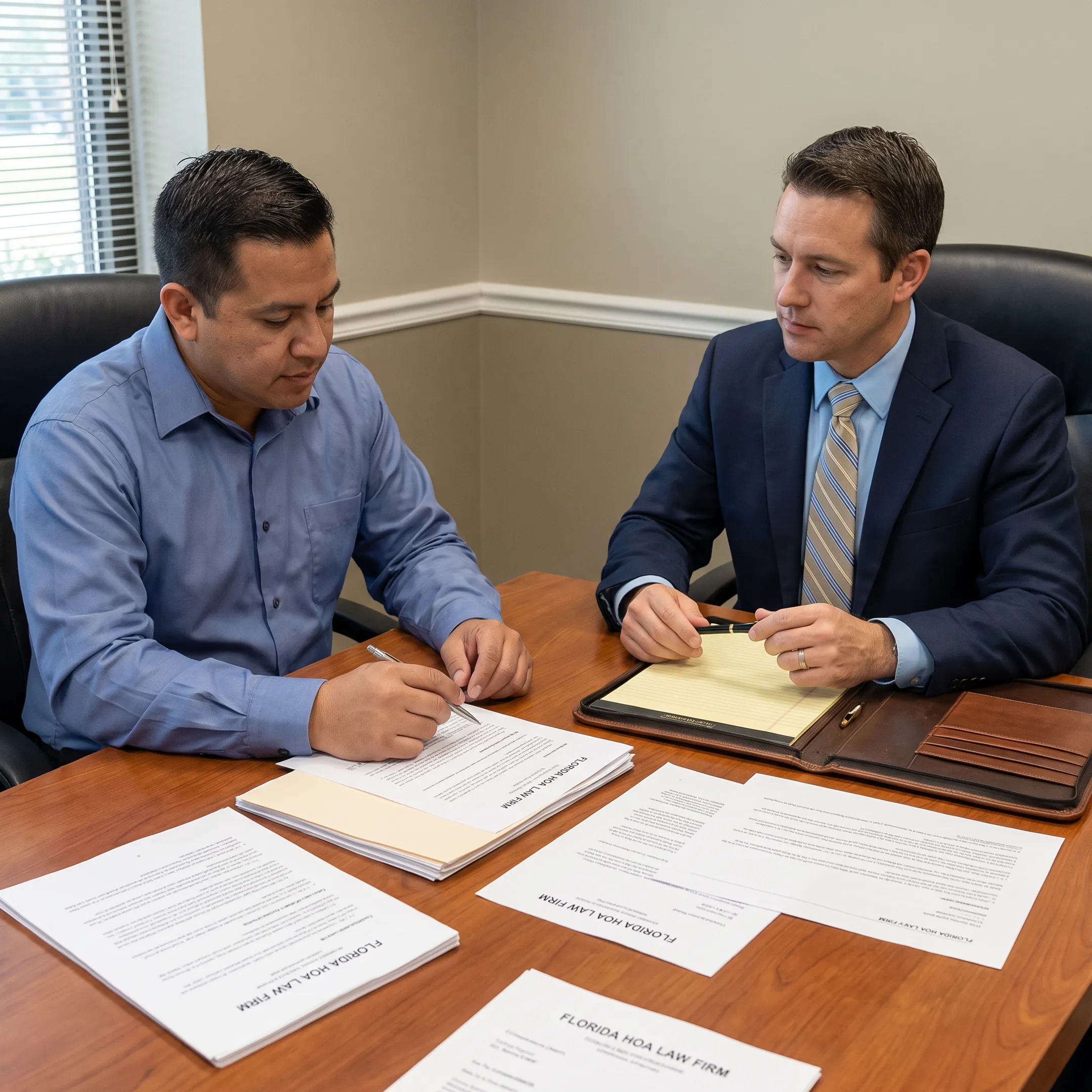 Florida real estate attorney reviewing HOA dispute documents with a homeowner