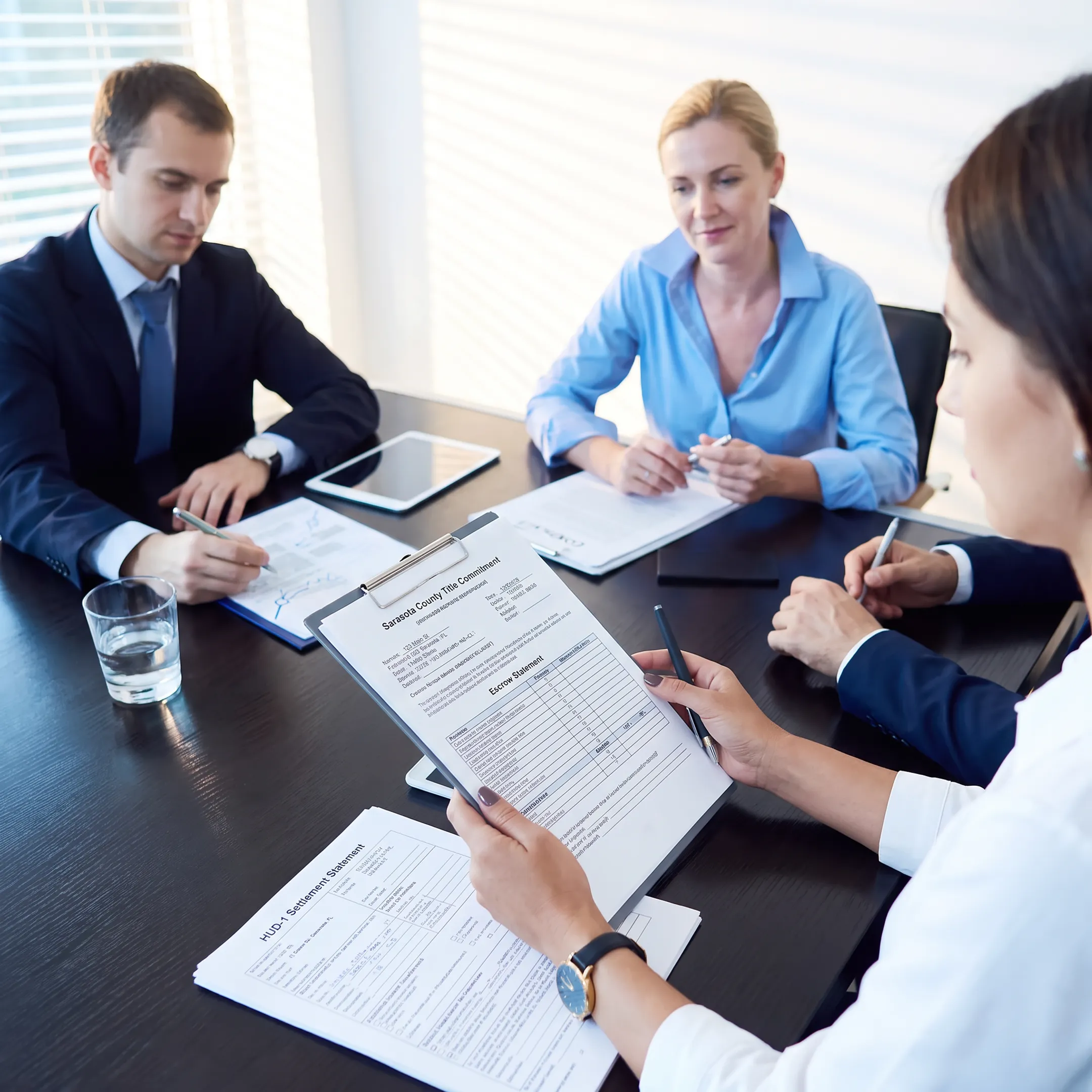 Florida attorney organizing title and escrow documents for a real estate closing