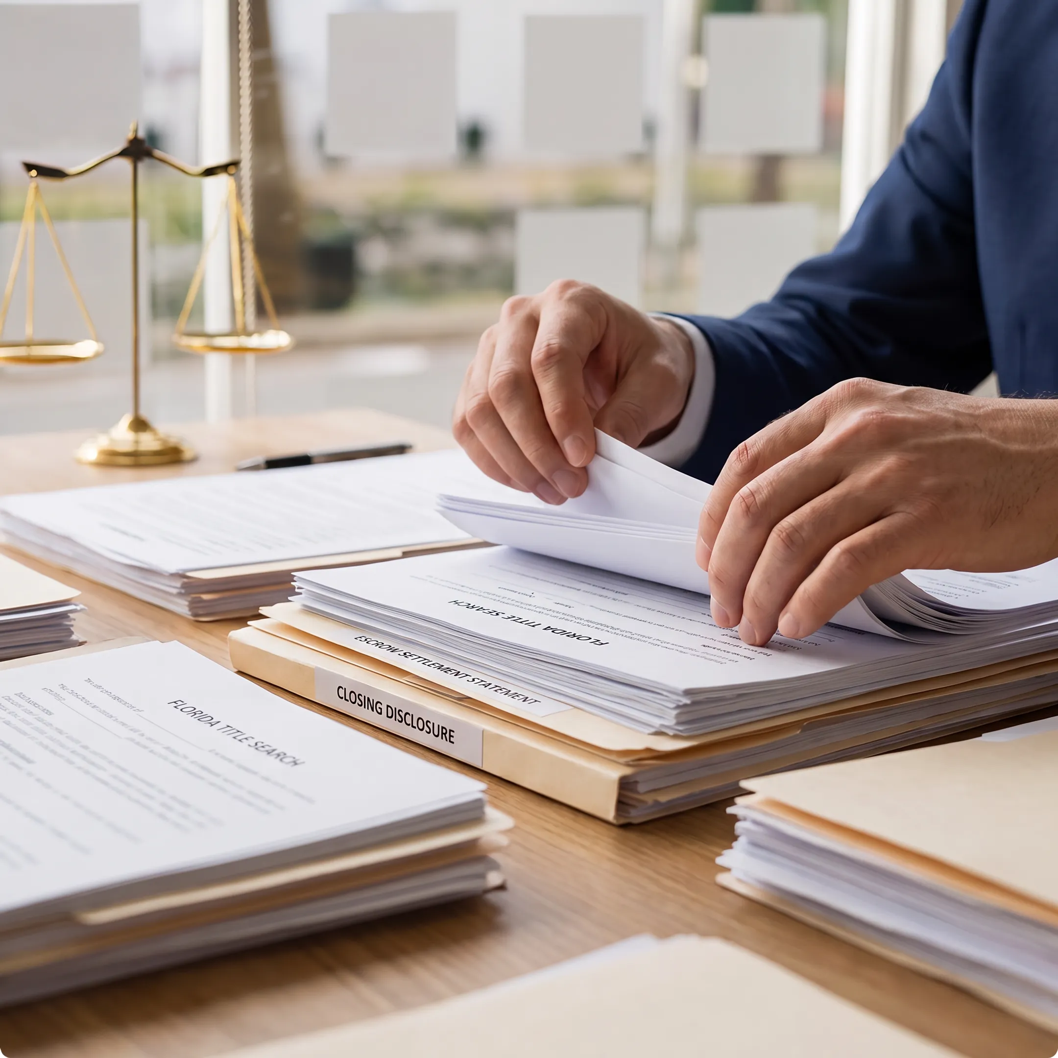 Florida real estate attorney organizing title and escrow documents for a closing