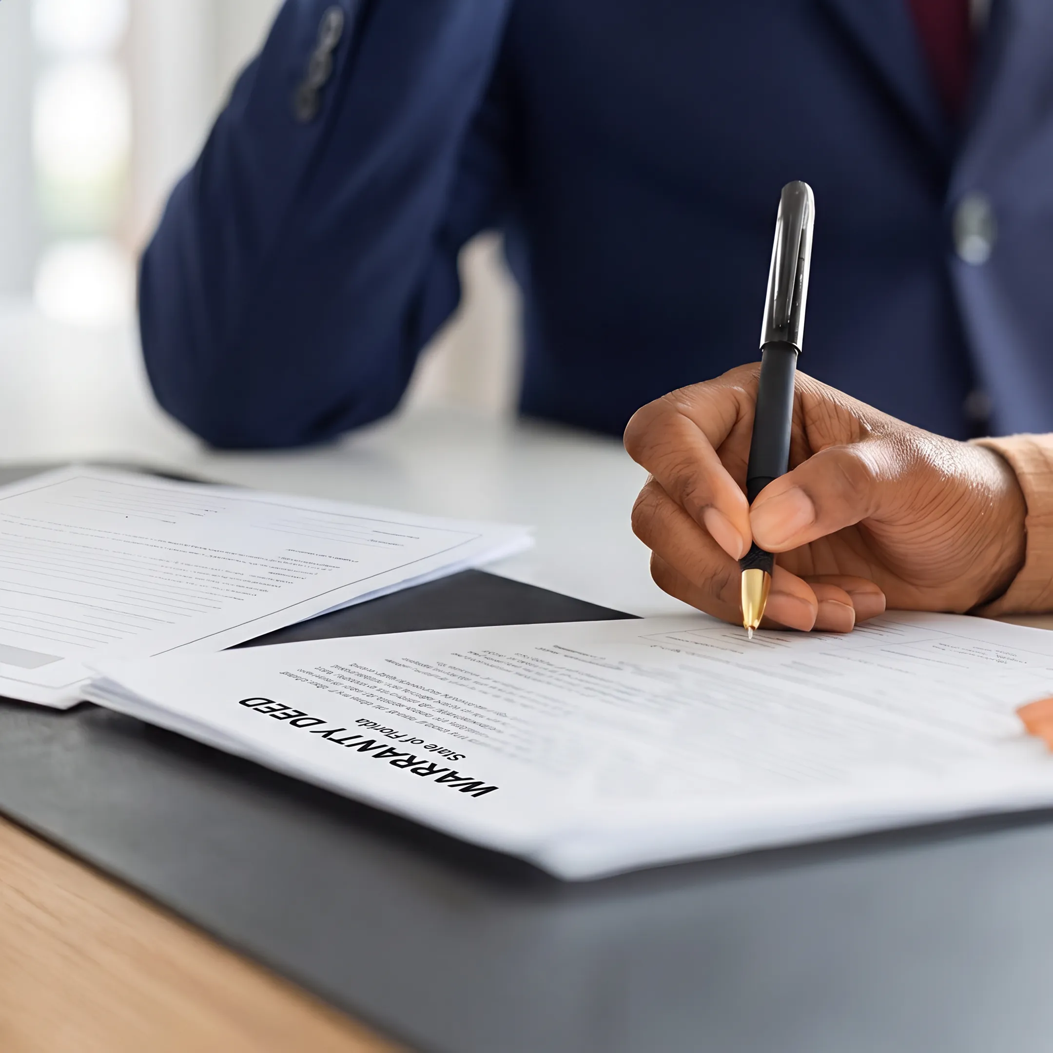 Attorney preparing Florida deed documents at a desk