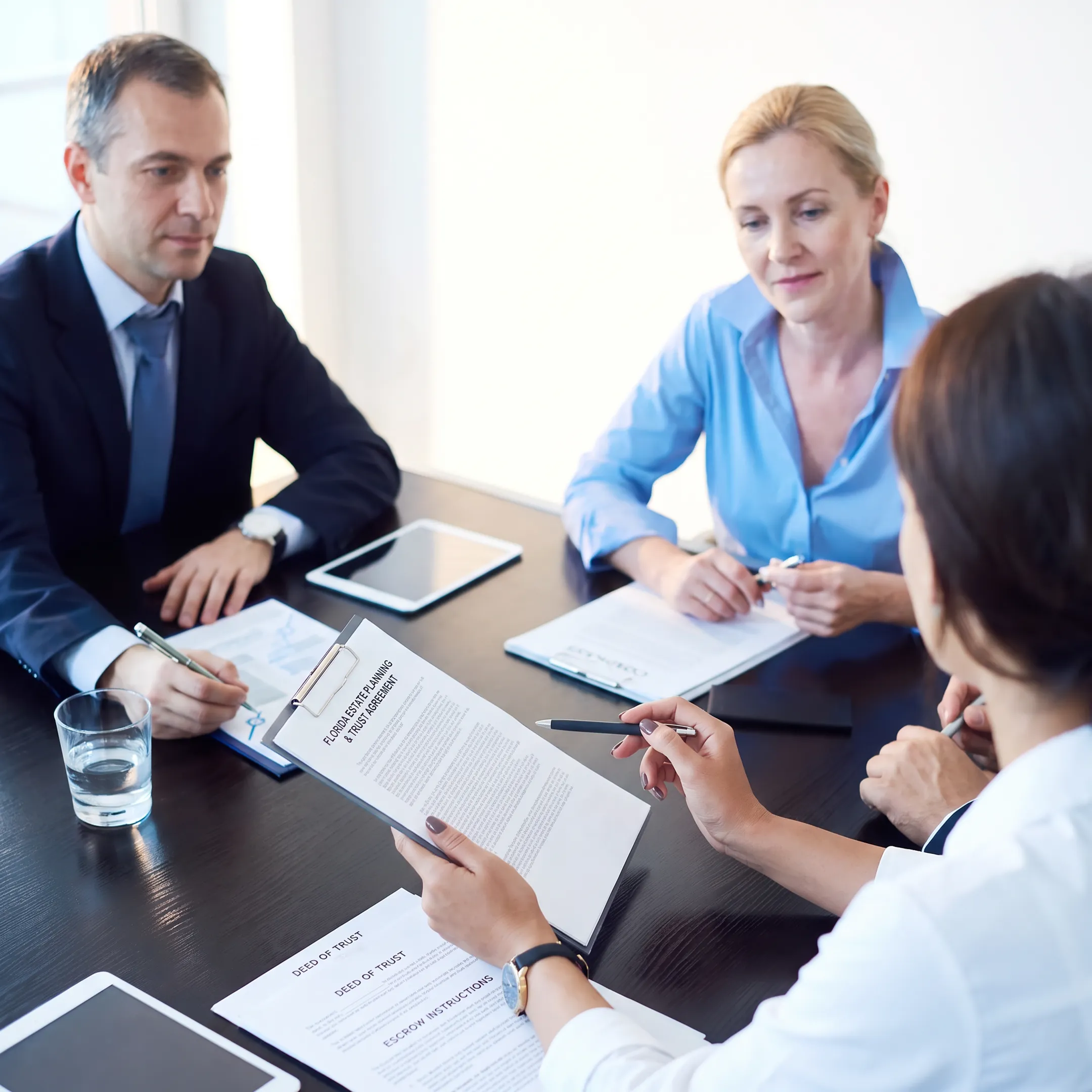 Attorney explaining Florida title and trust options to a client