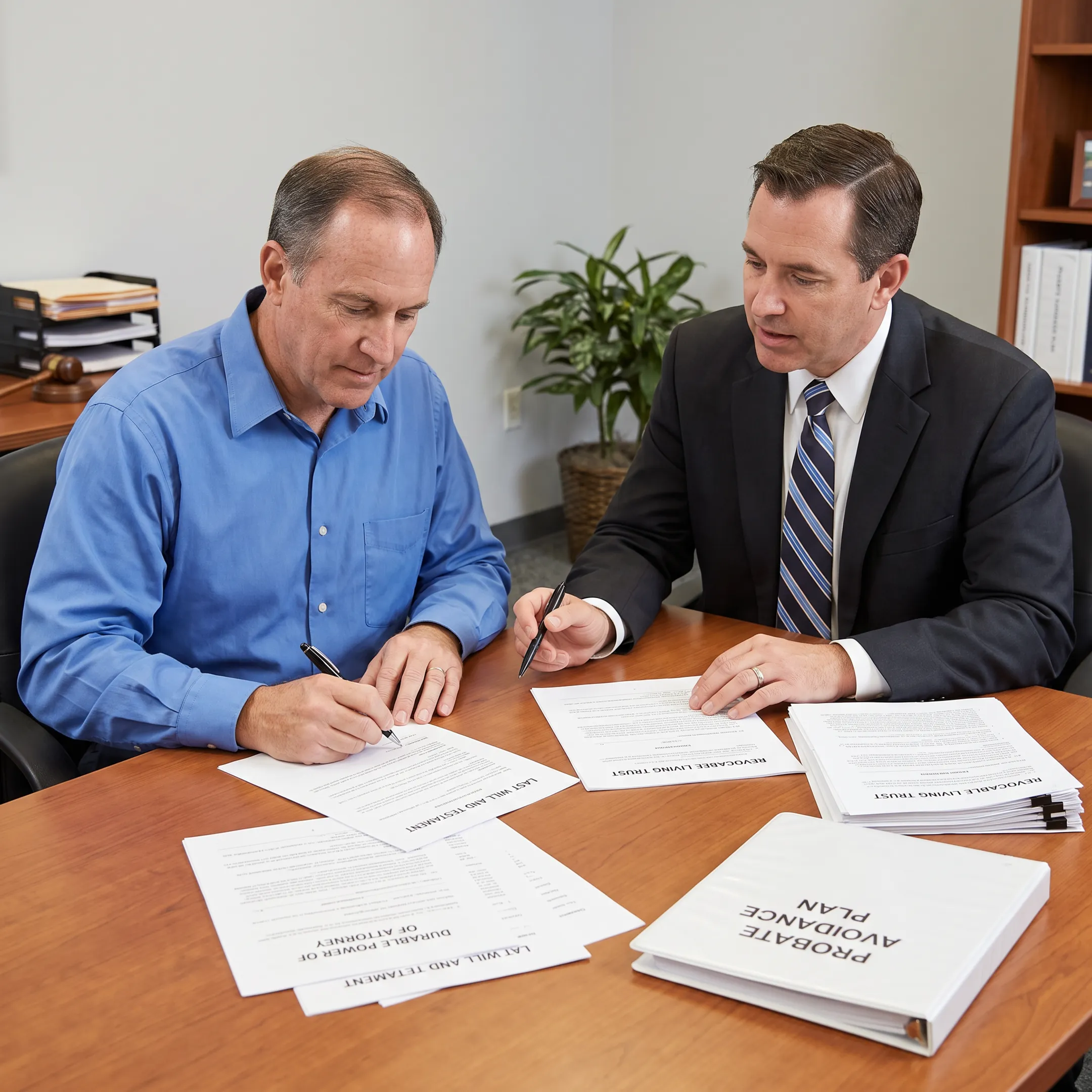Attorney explaining Florida estate planning options beside organized legal documents