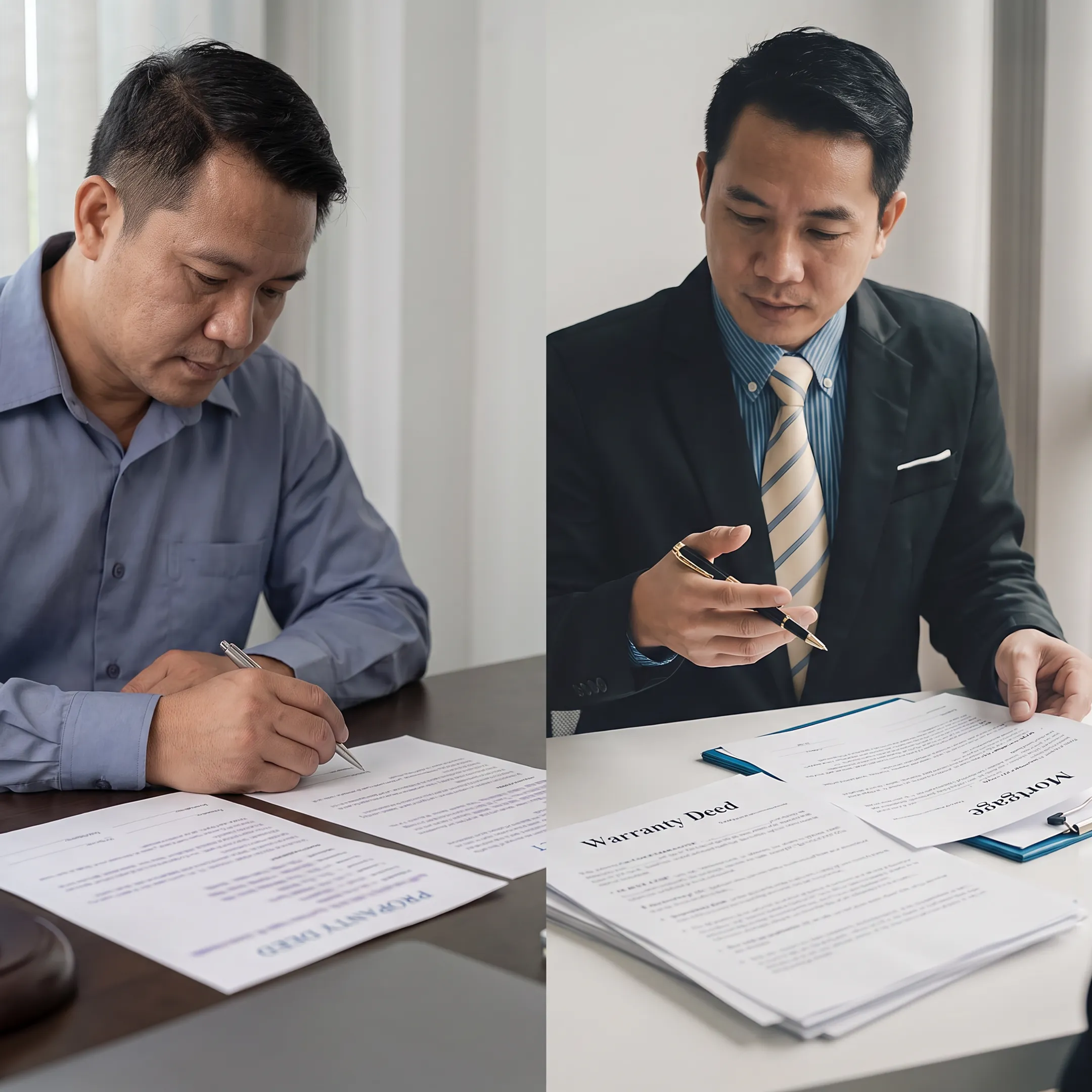 Attorney reviewing property loan and deed documents at a Florida law office