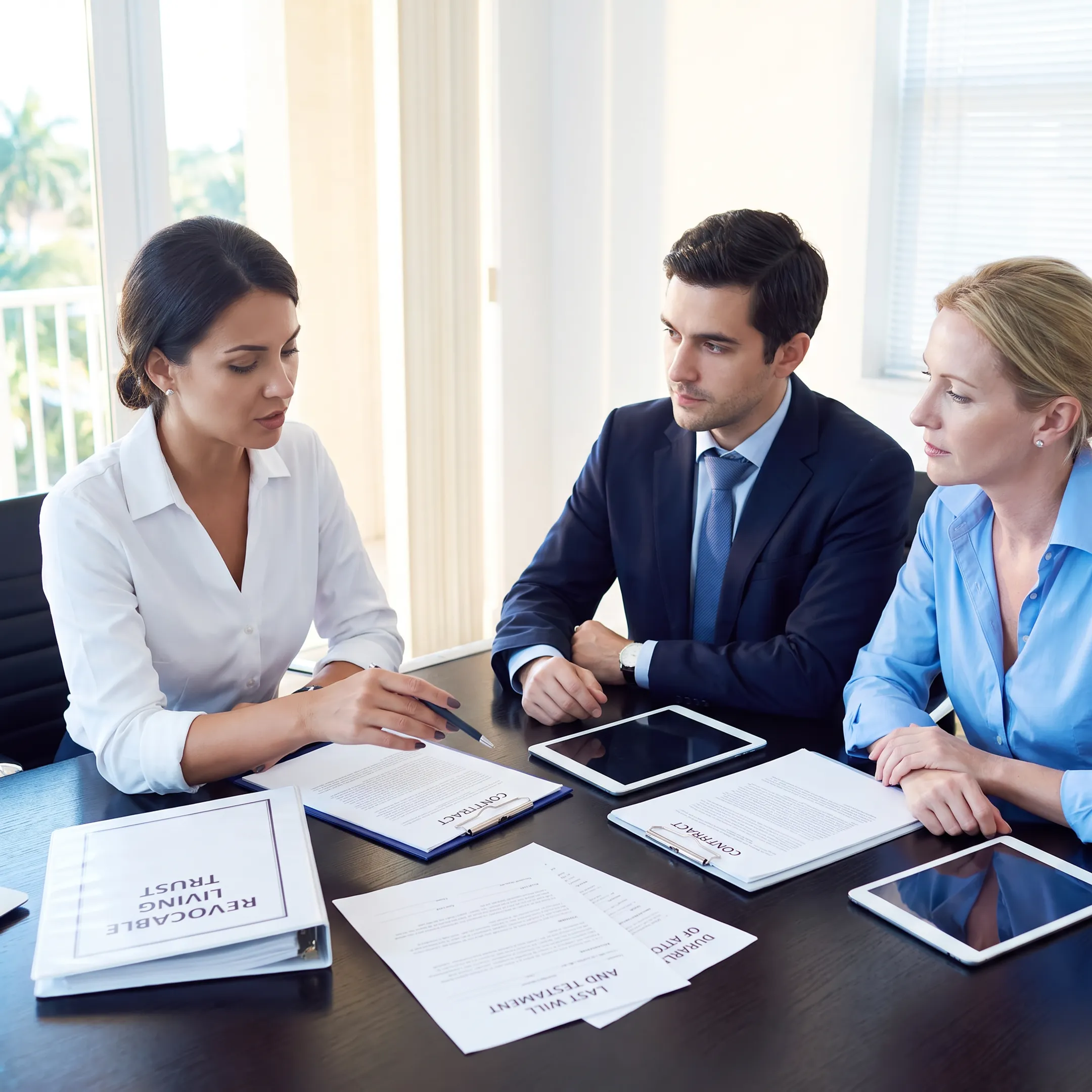 Florida attorney explaining a trust and estate plan to clients