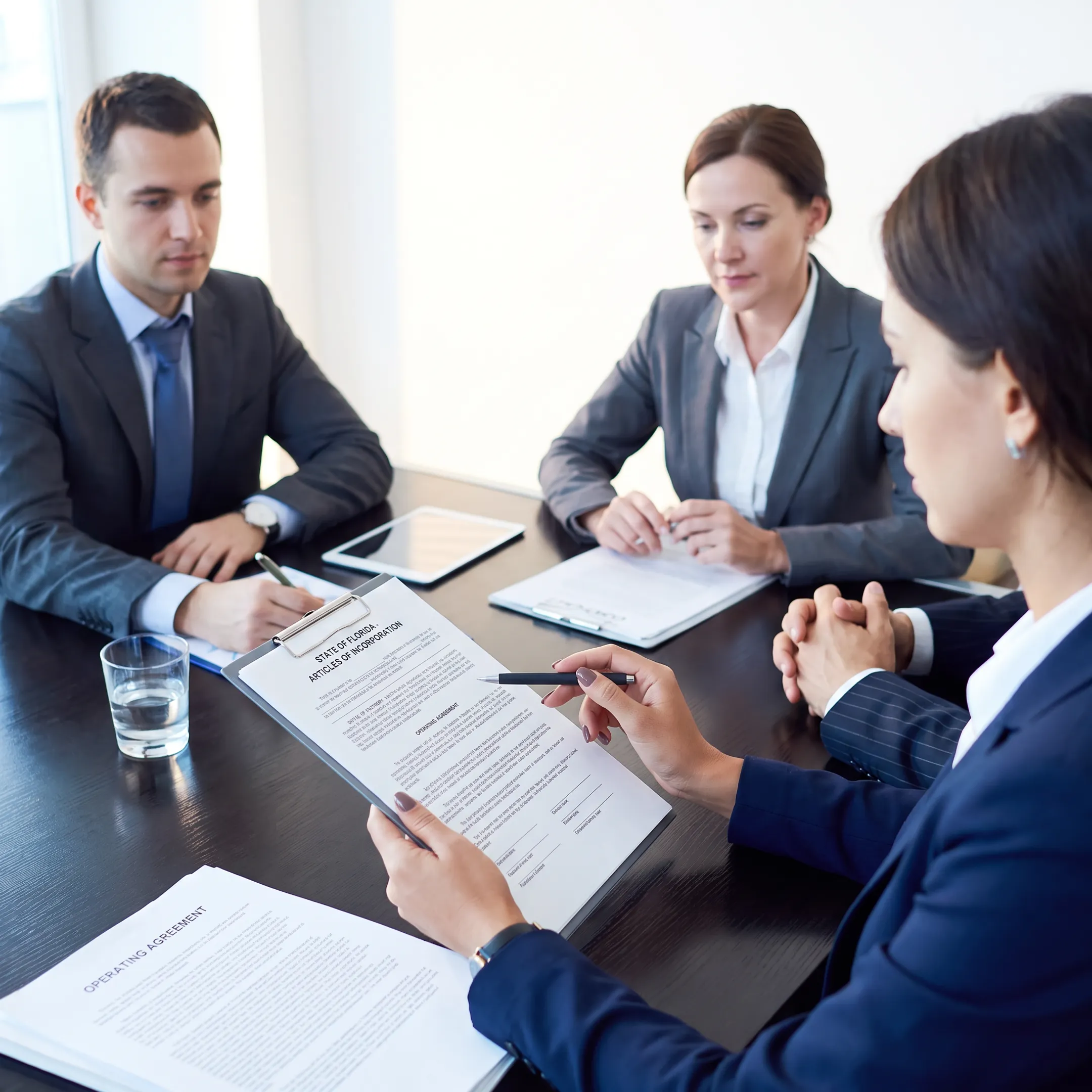 Business attorney discussing corporate strategy with clients