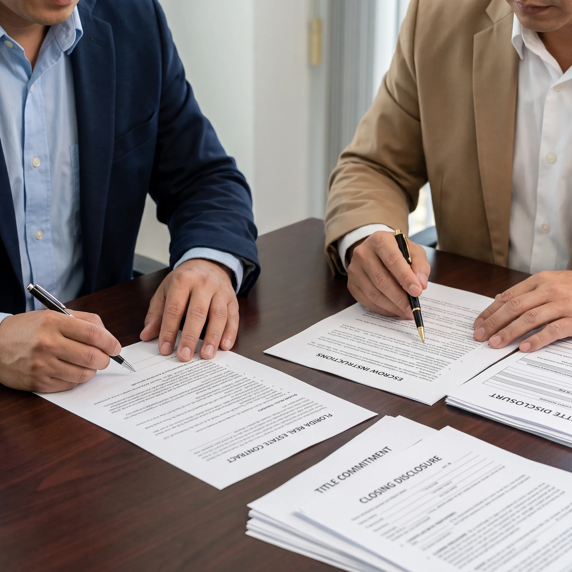 Attorney discussing Florida real estate transaction documents with an agent