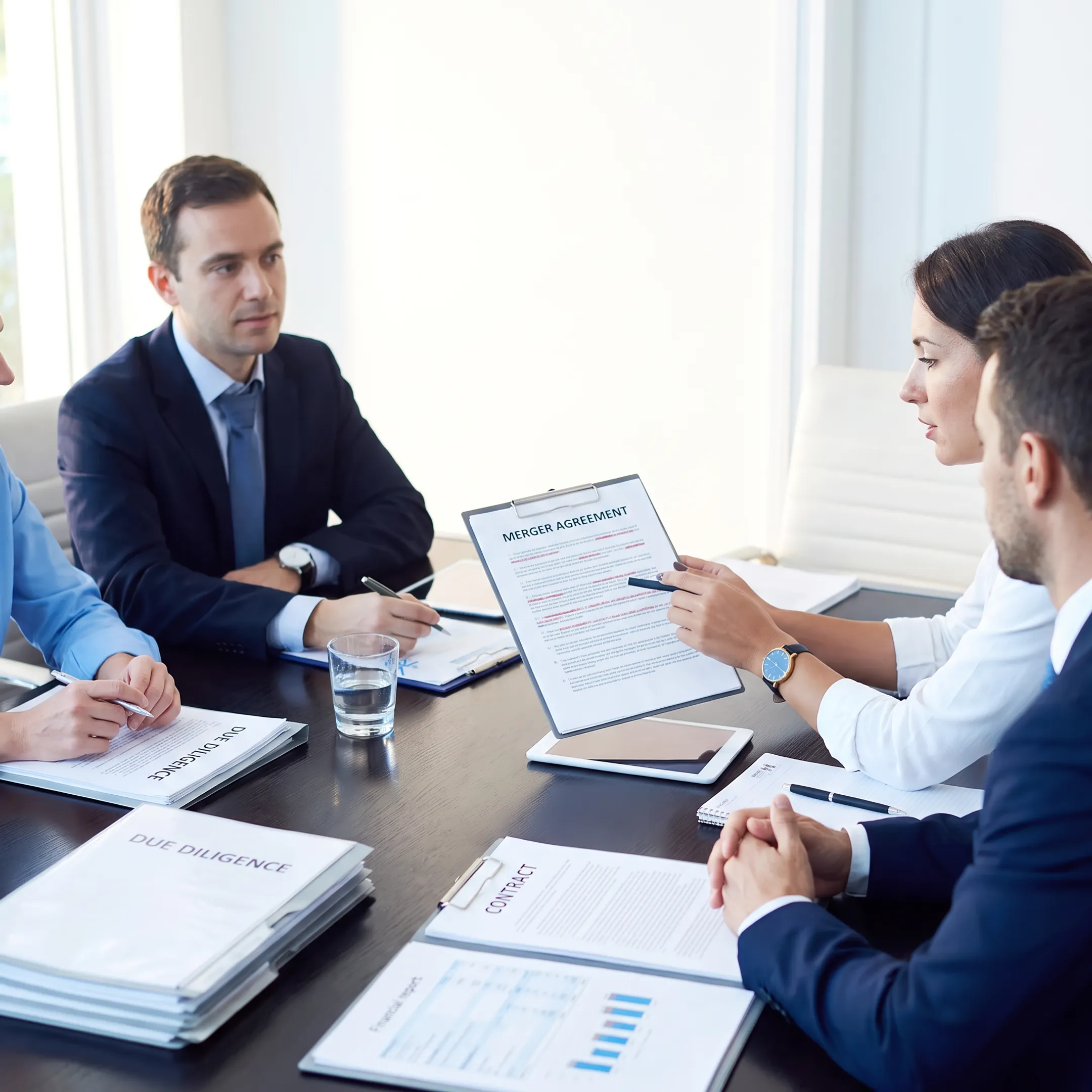 Florida business attorney examining acquisition contract with client