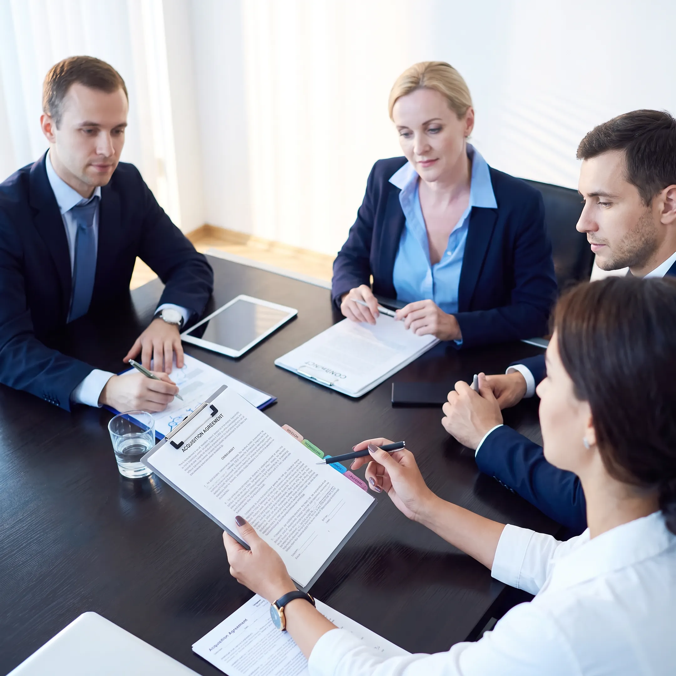 Attorney explaining acquisition documents to business owners in Florida