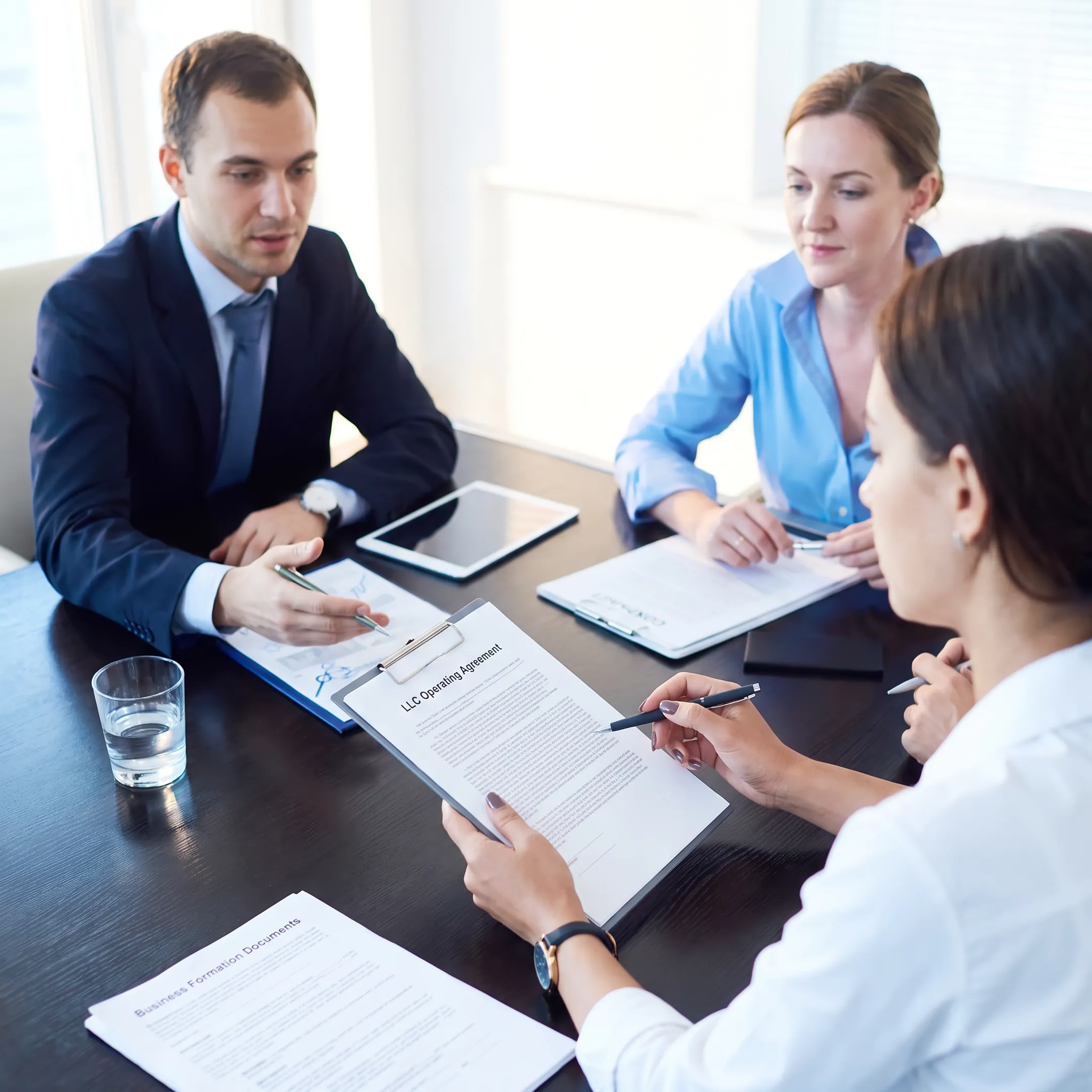 Florida attorney reviewing LLC operating agreement with entrepreneur