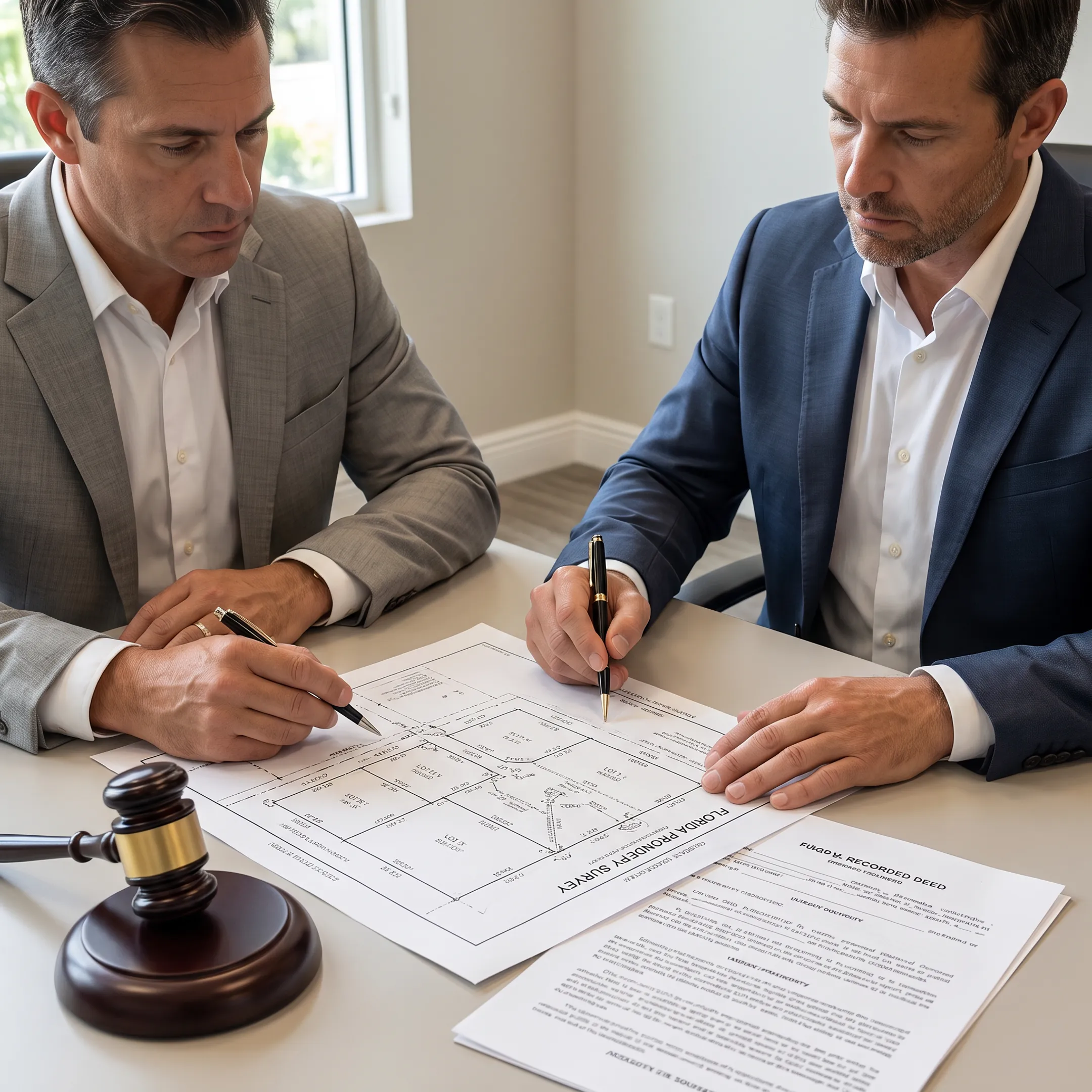Attorney examining a property survey during a boundary dispute consultation