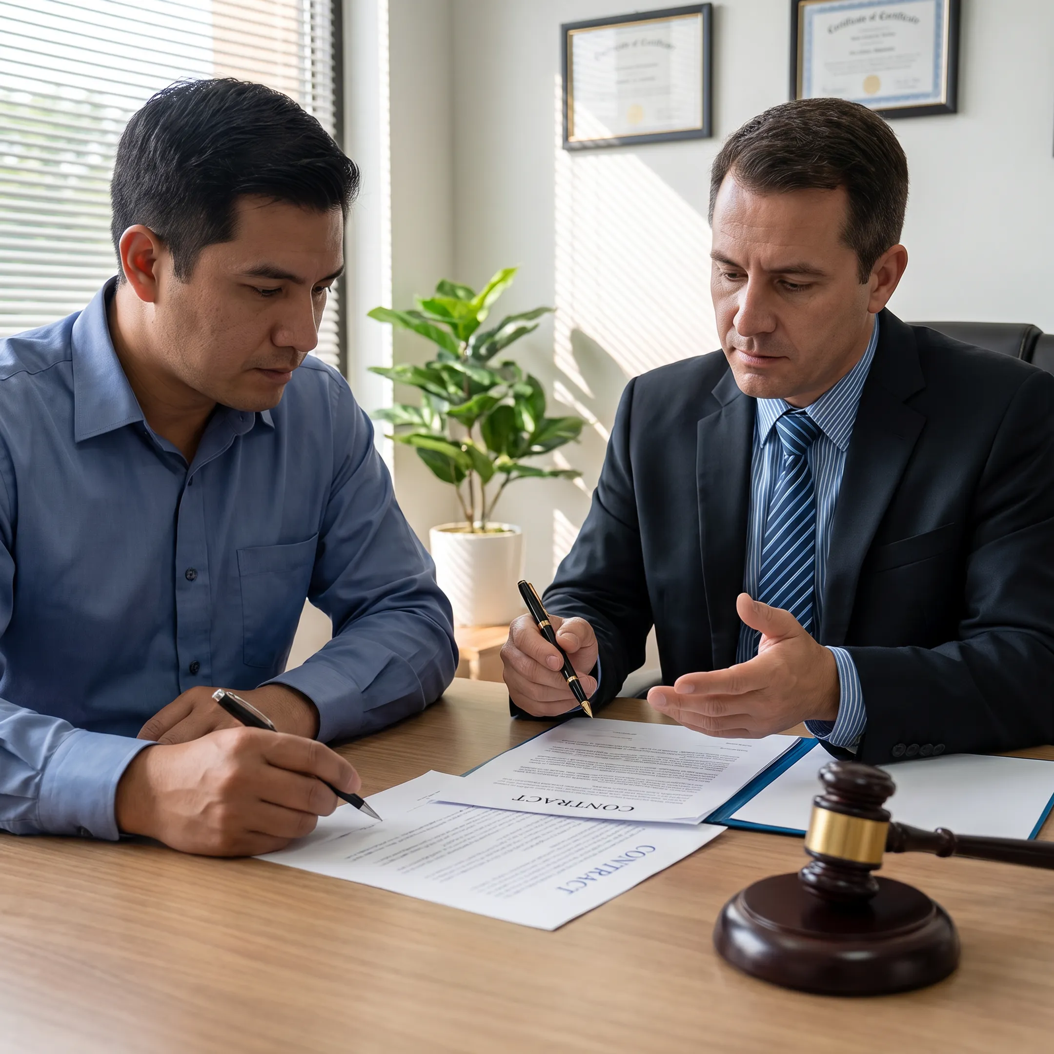 Attorney explaining contract dispute strategy to Florida client