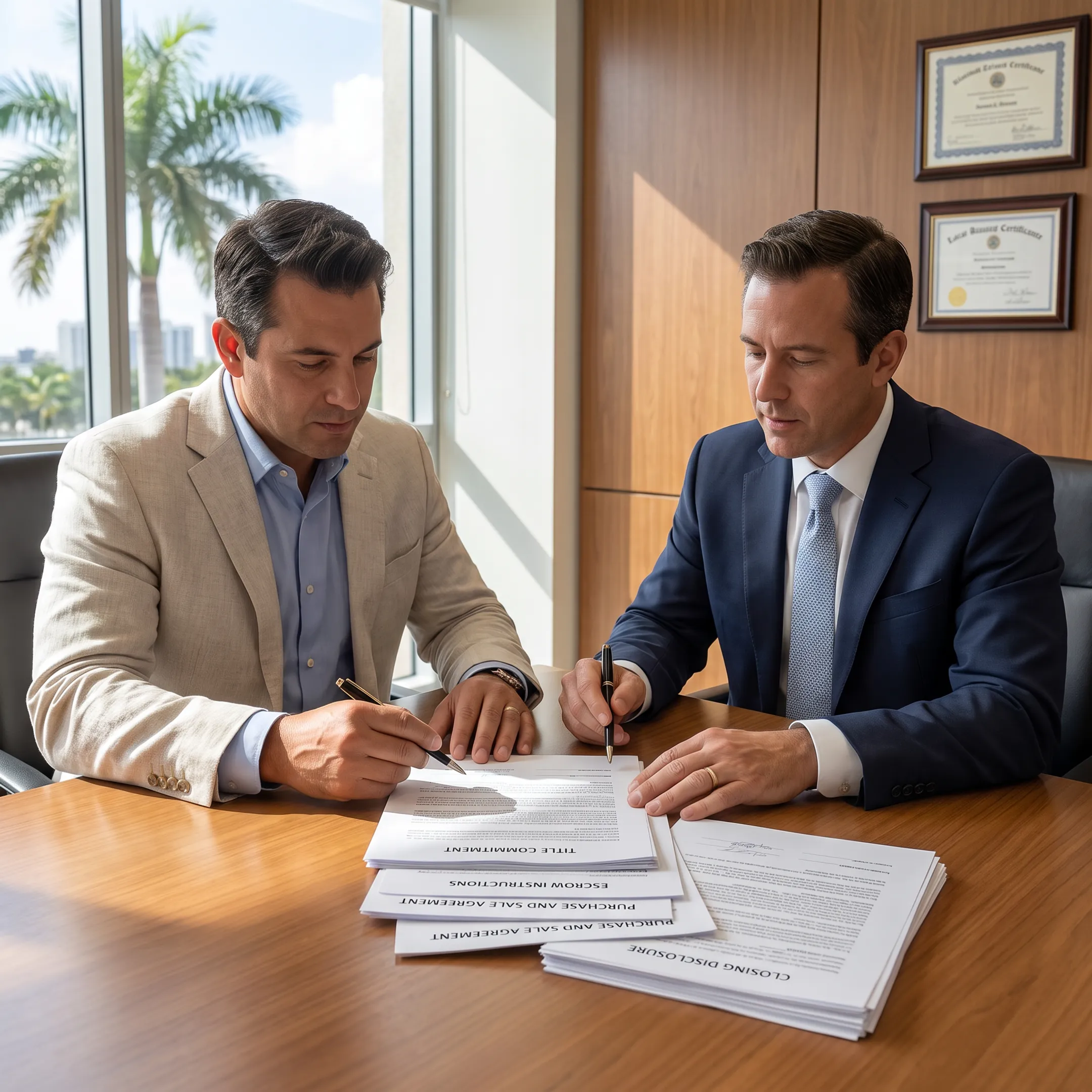 Real estate attorney examining title and escrow documents for a property closing