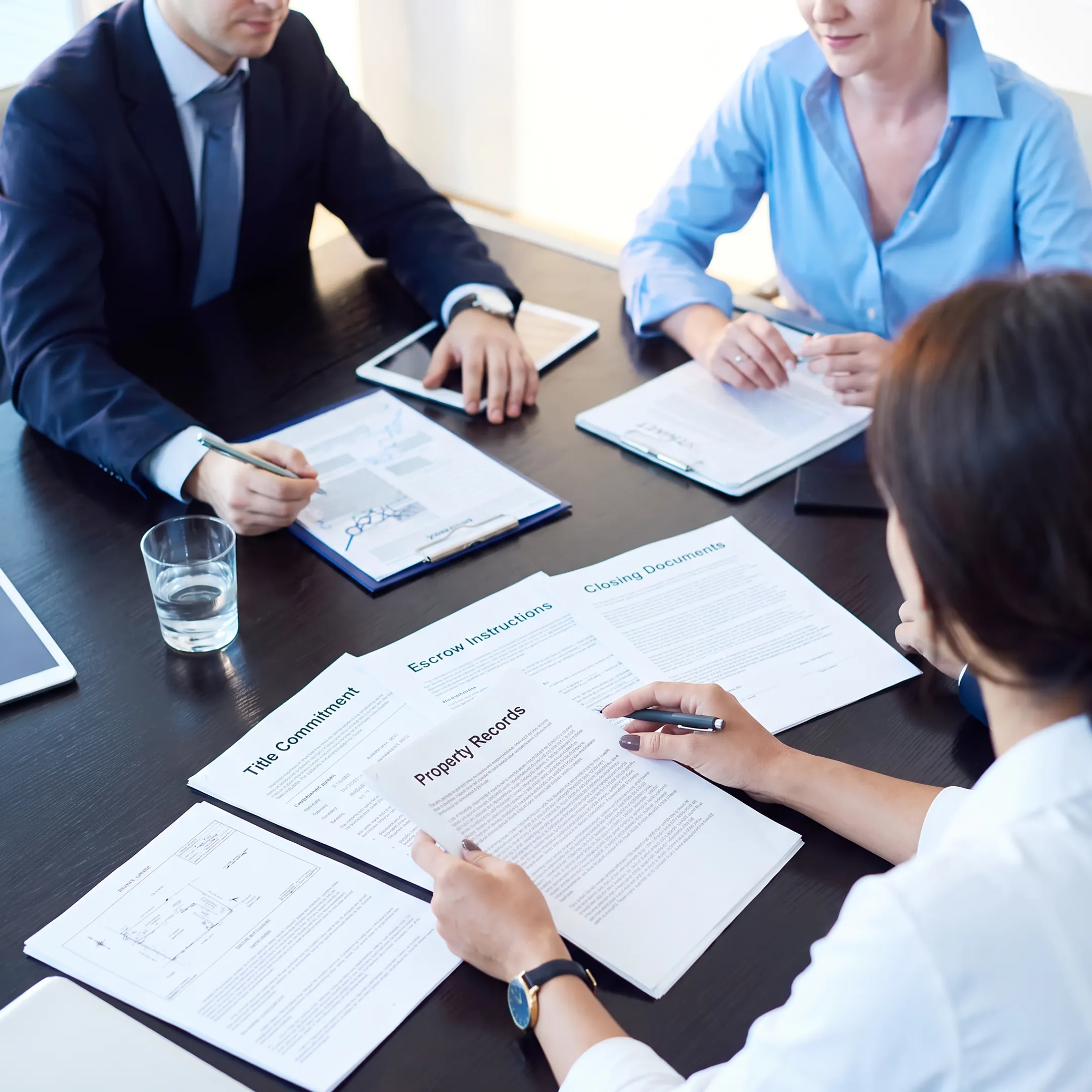 Florida attorney organizing title and escrow documents for a real estate closing