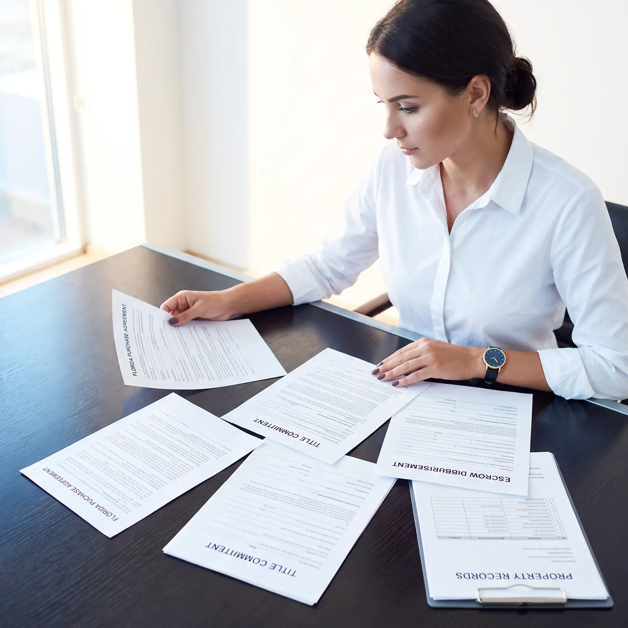 Real estate attorney examining a property contract and title paperwork