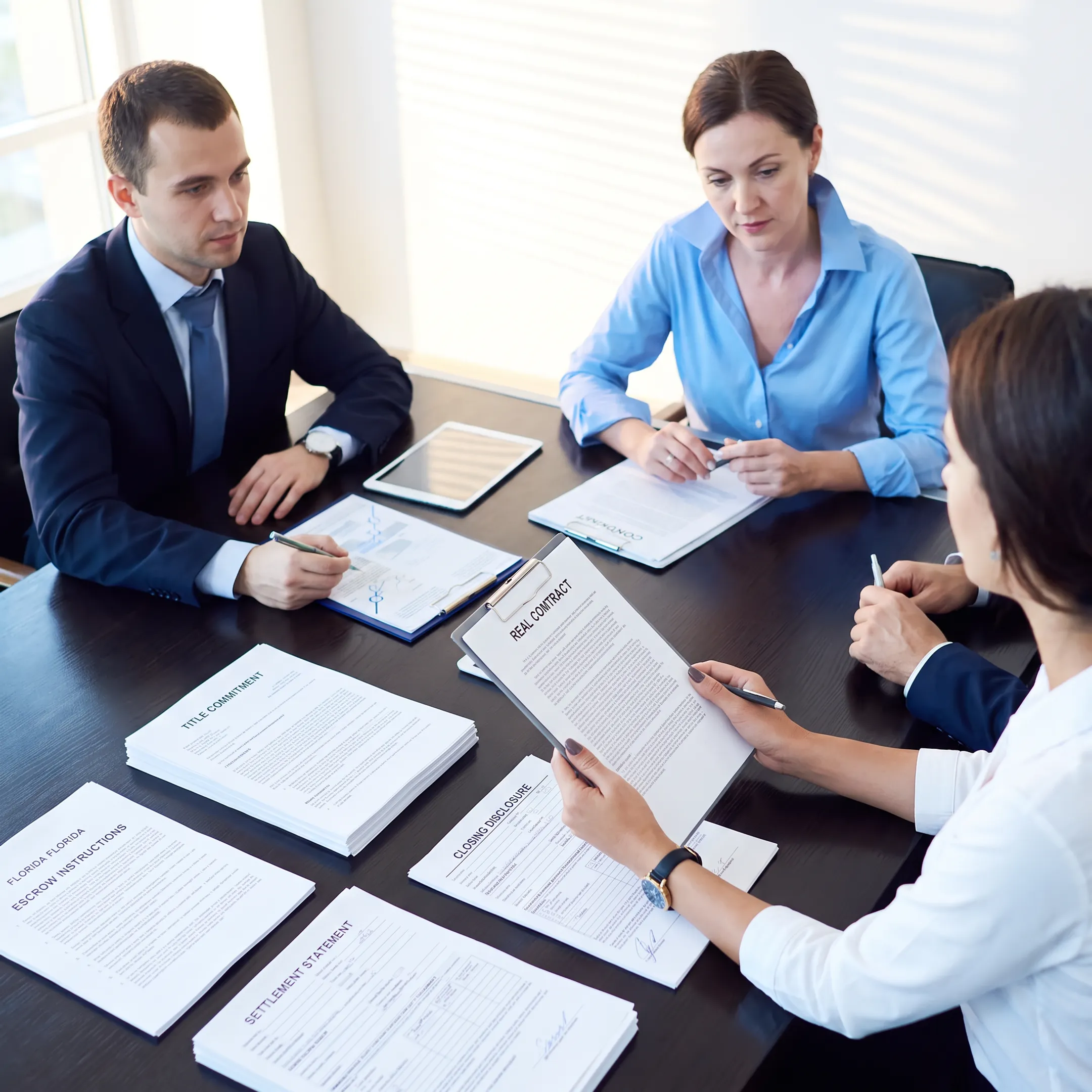 Florida attorney organizing title and escrow documents for a real estate settlement
