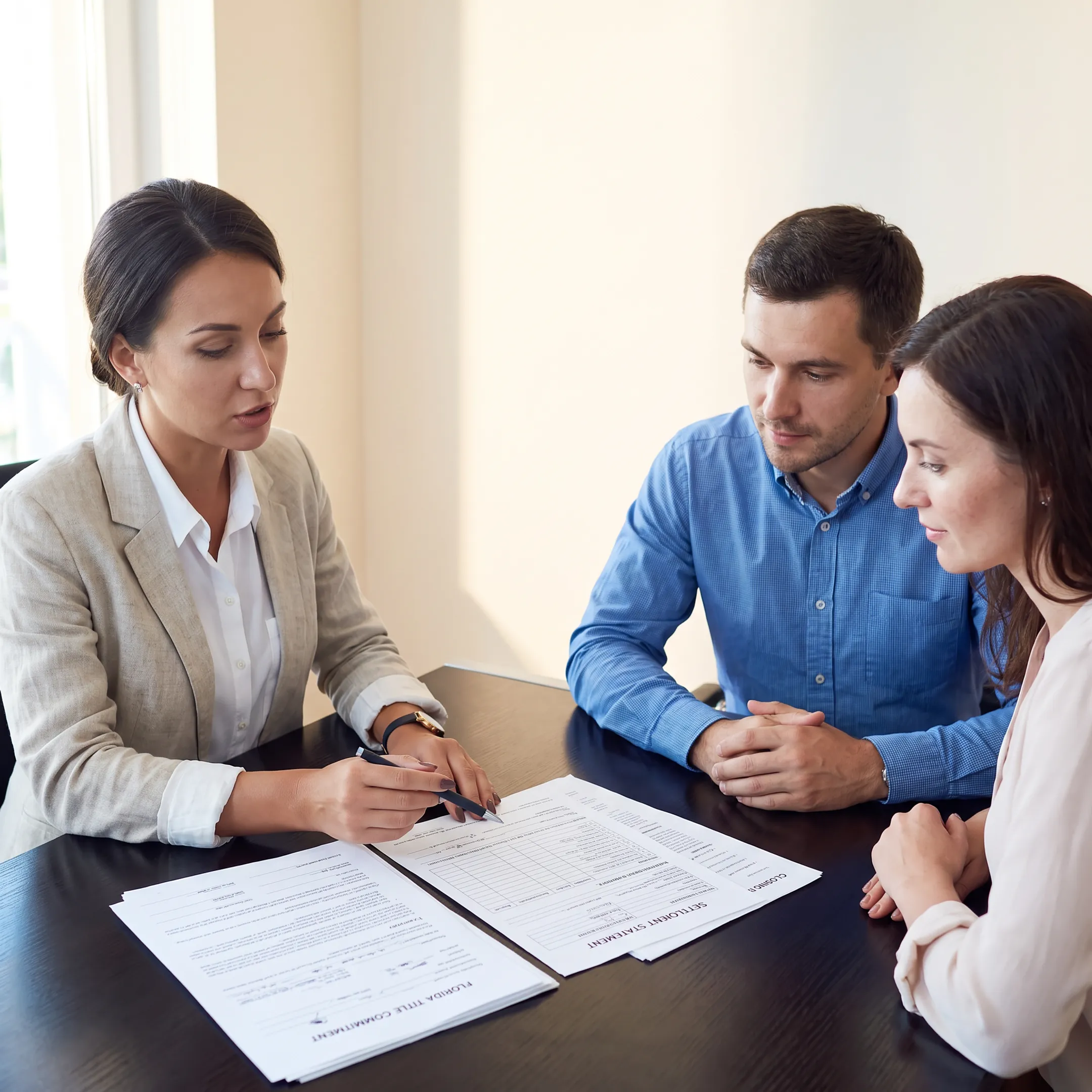 Attorney explaining Florida title and closing documents to property buyers
