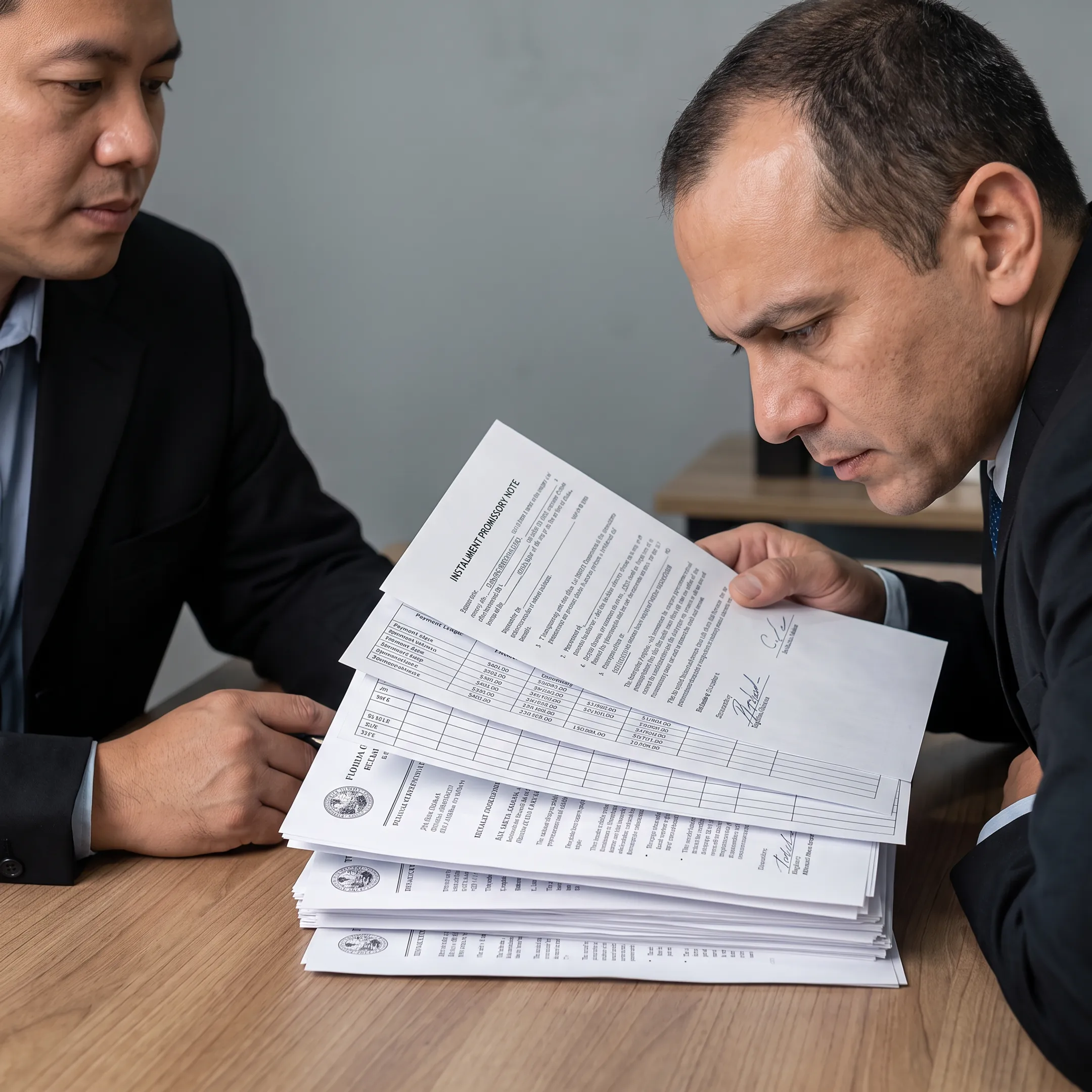 Florida attorney examining a promissory note and payment default records
