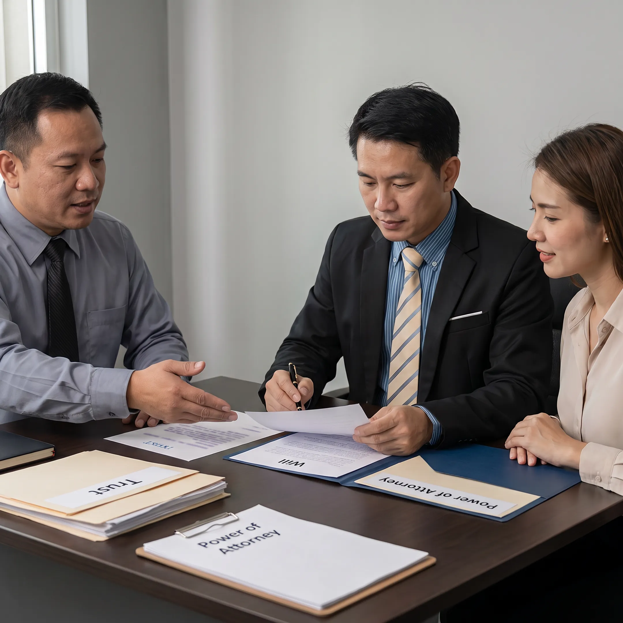 Attorney explaining estate planning options to a couple