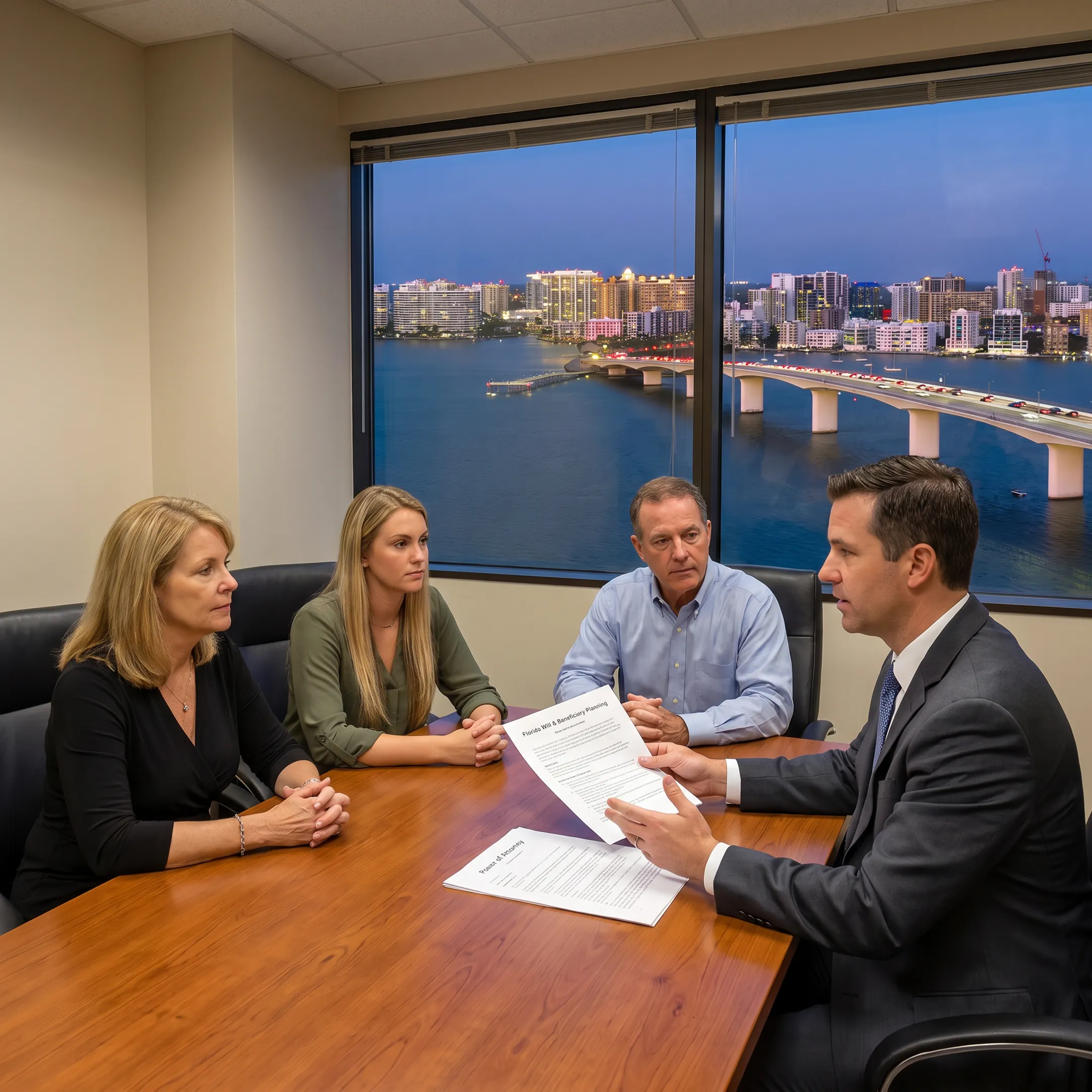 Attorney explaining a Florida will and estate planning documents to a family